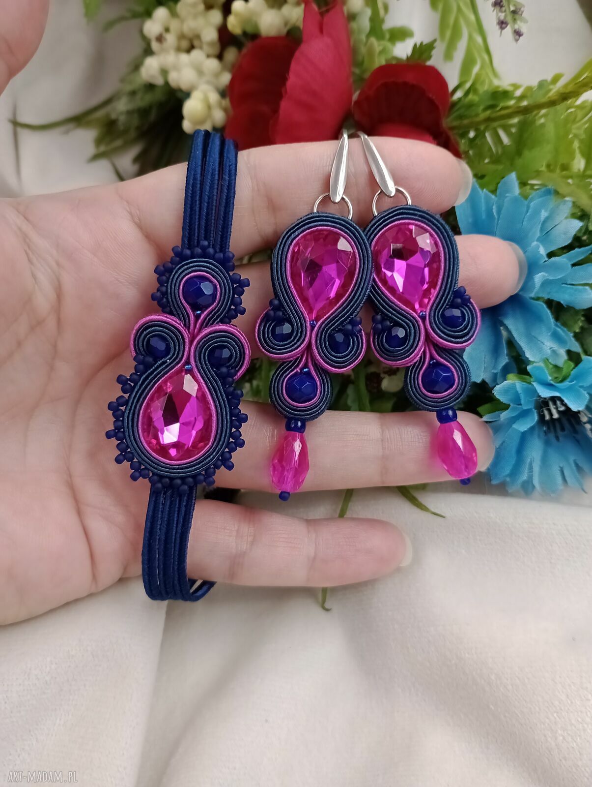 Komplet biżuterii soutache fuksja i granat - kolczyki + bransoletka