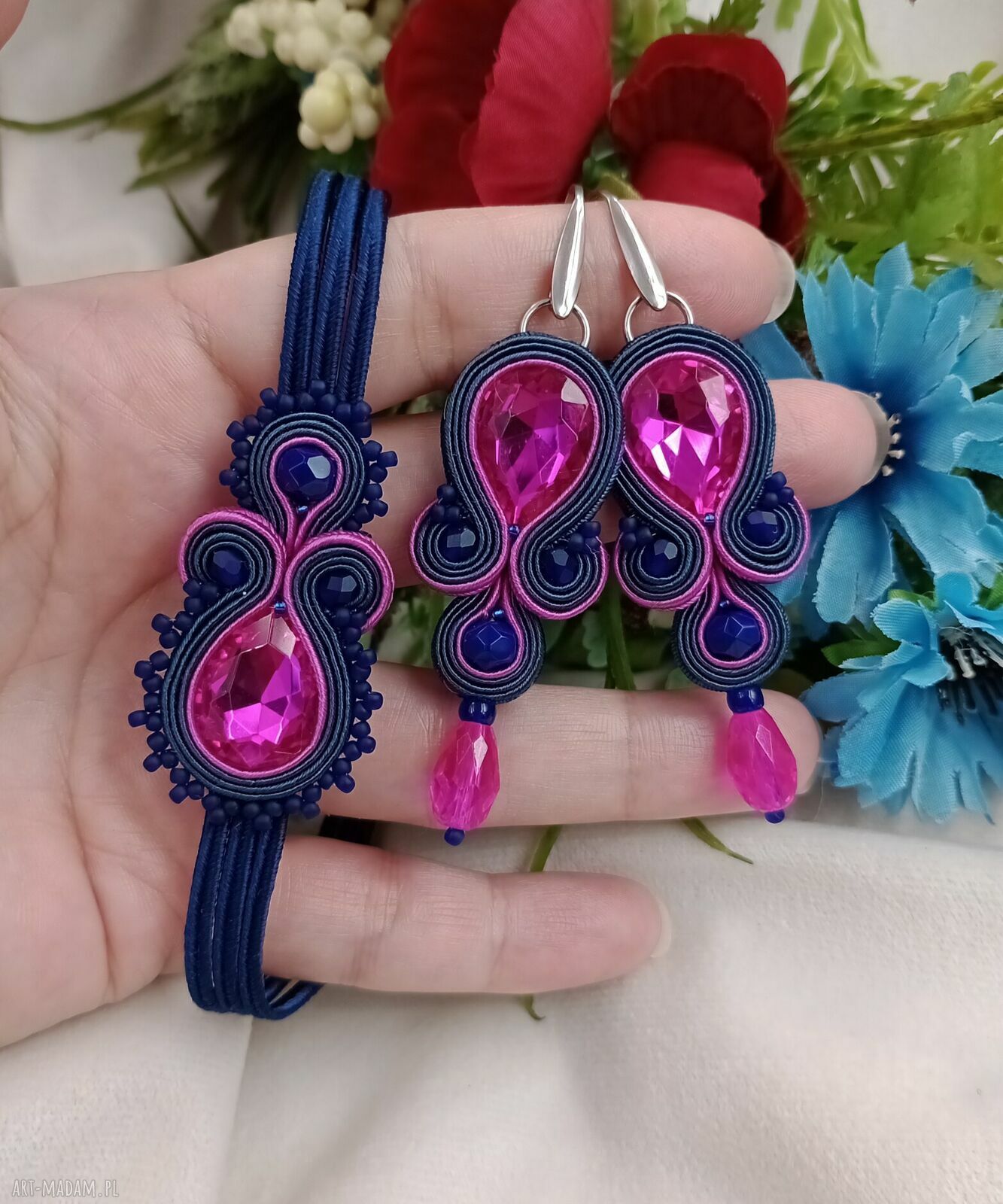 Komplet biżuterii soutache fuksja i granat - kolczyki + bransoletka