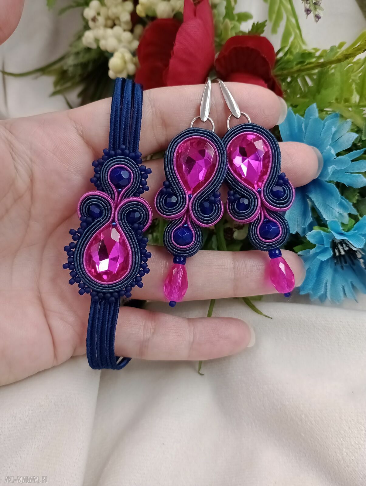 Komplet biżuterii soutache fuksja i granat - kolczyki bransoletka