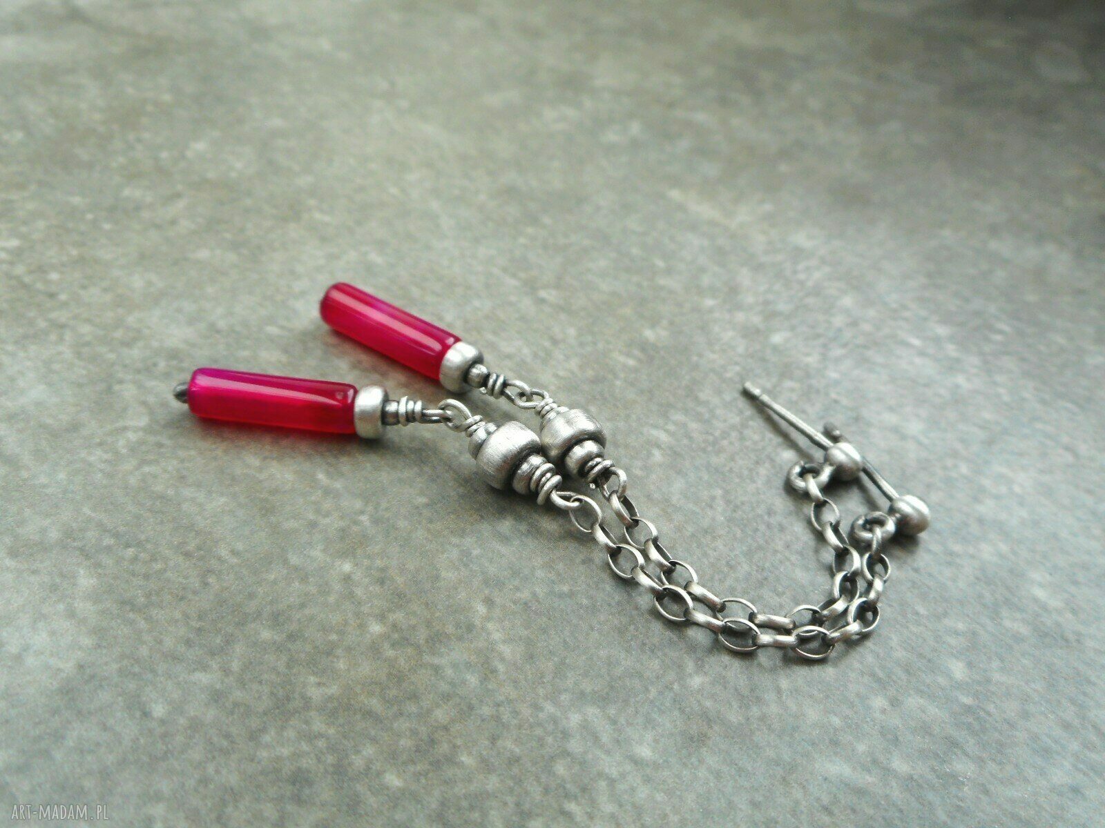Fuksjowe Walce - kolczyki z agatu w odcieniach fuksji i srebra 925