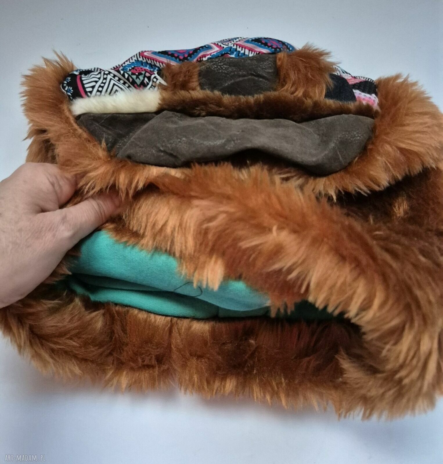 Futrzana czapka ruda Góra patchworkowa folkowa na podszewce - rozmiar uniwersalny