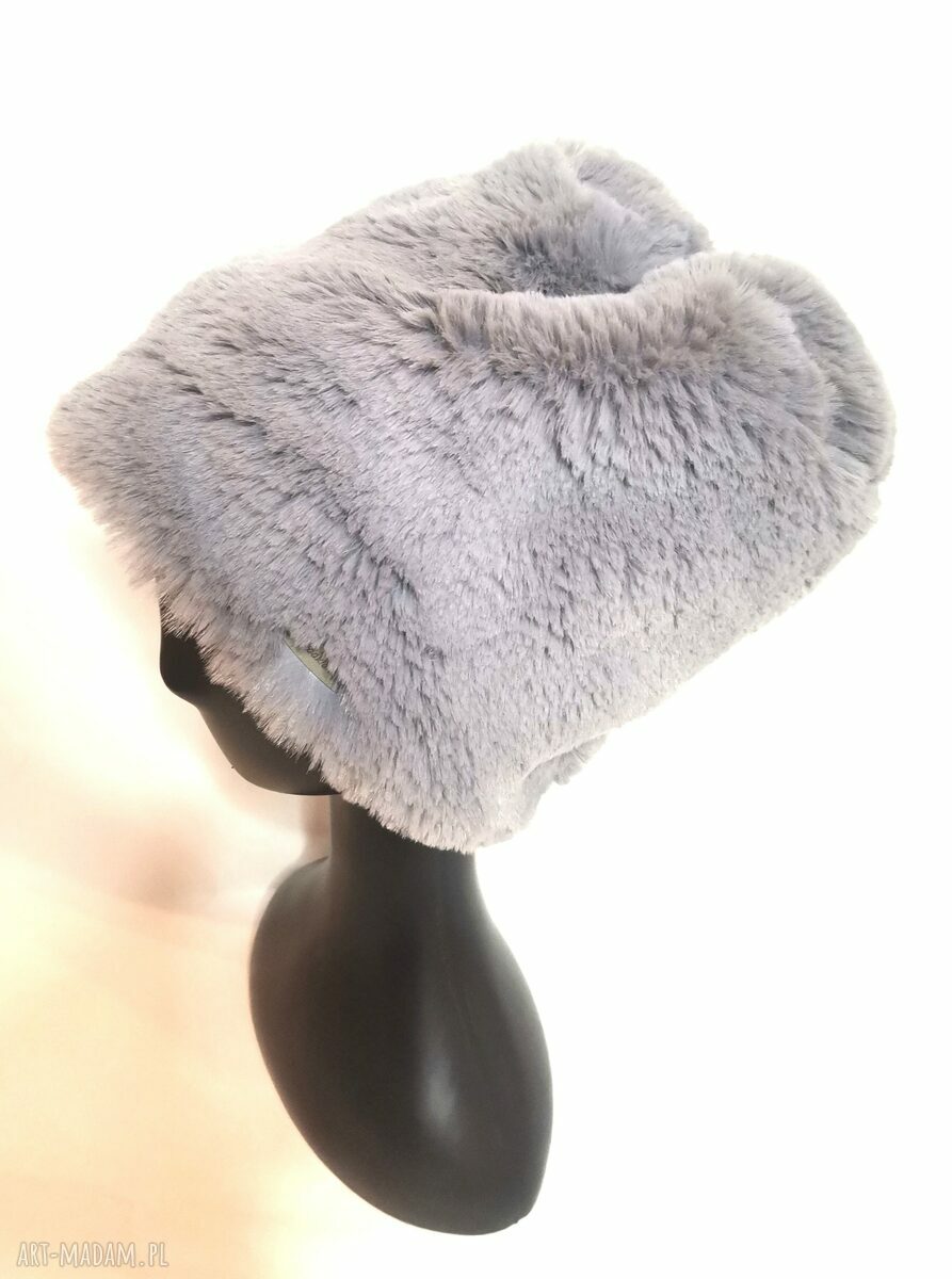 Futrzana czapka Klara - szara i ruda, krótkie futerko, podszewka, rozmiar 59-61 cm