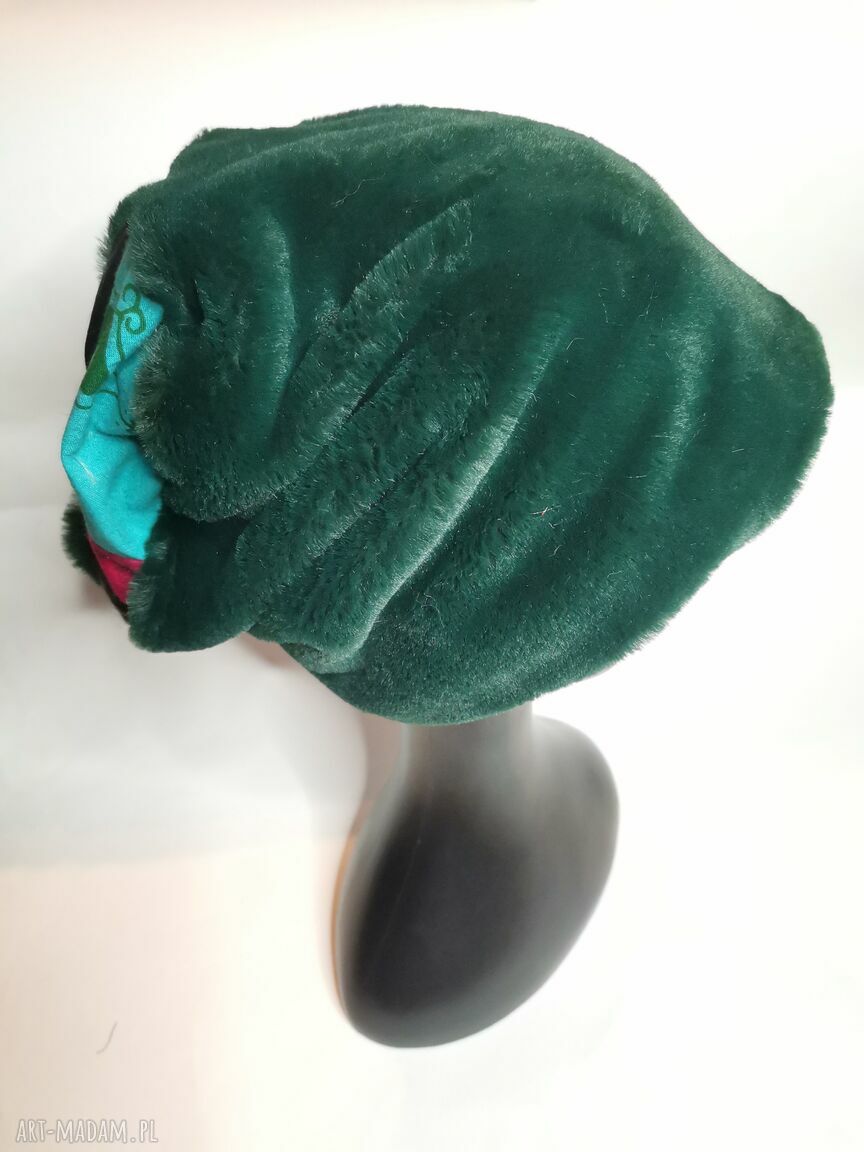 Czapka futrzana zimowa Boho w patchworku z frędzlami (zielone odcienie)