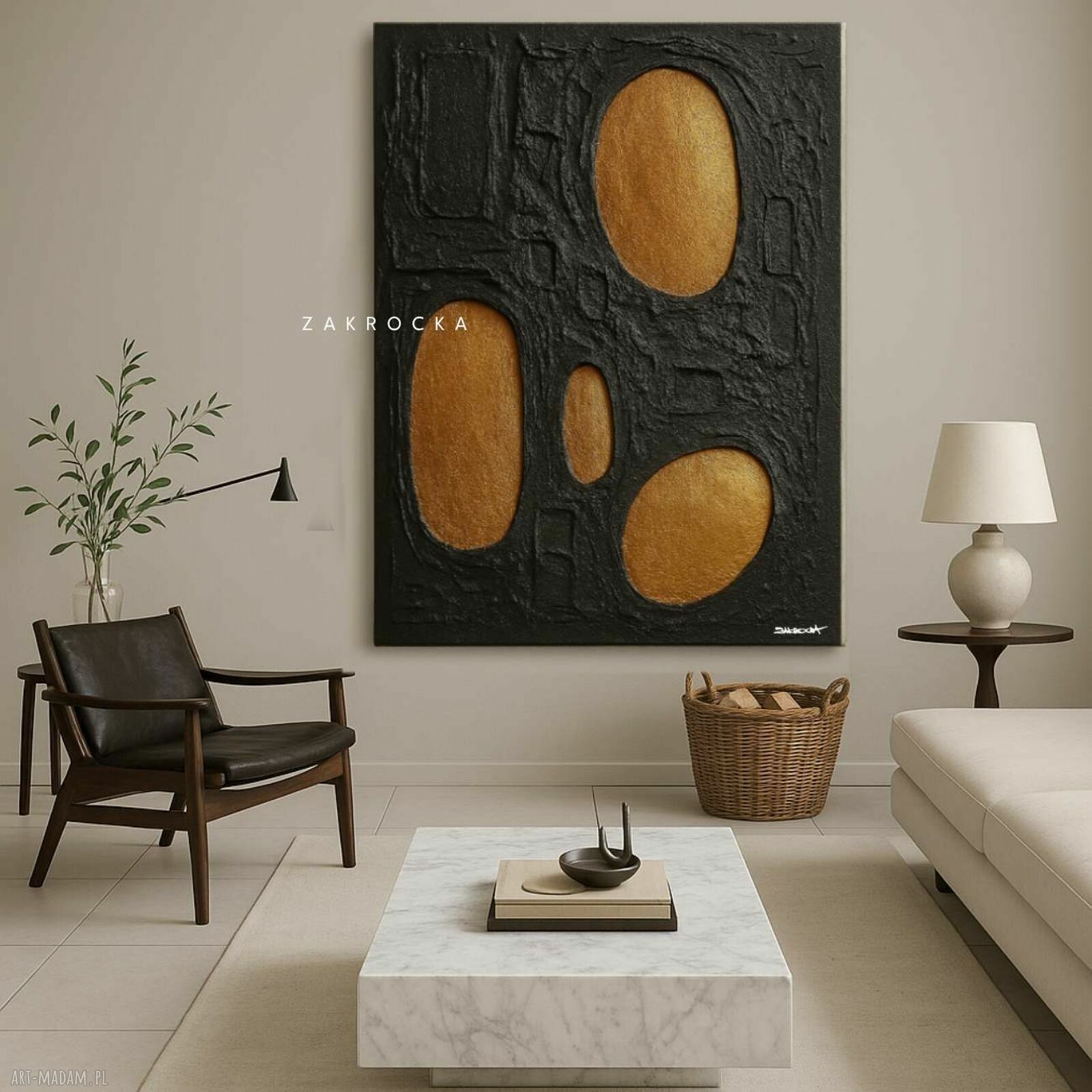 FUTURE DESIGN - czarno-złoty obraz abstrakcyjny z mocną strukturą 80x120 cm