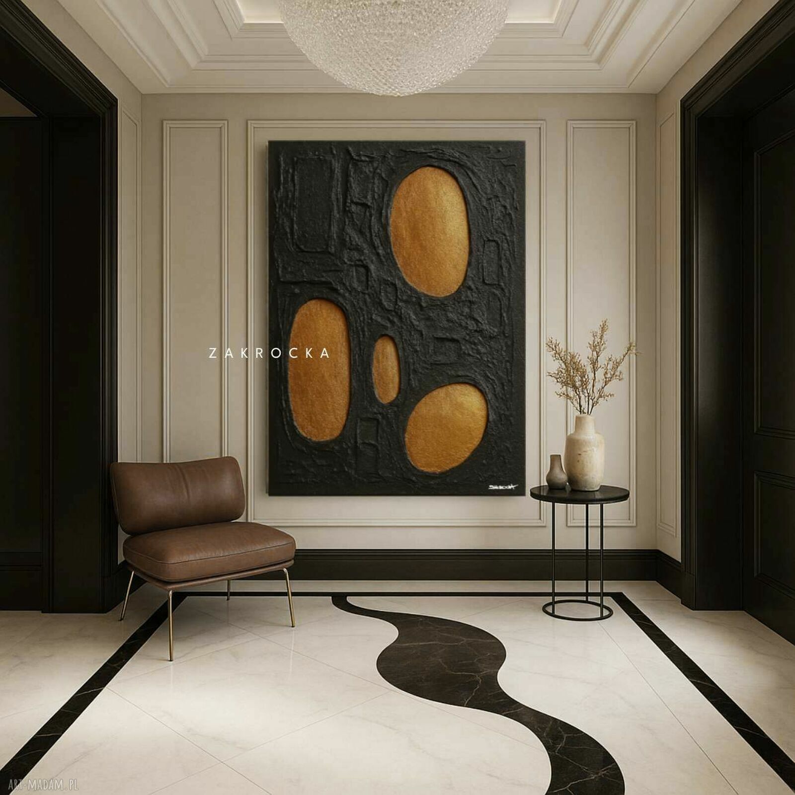FUTURE DESIGN - czarno-złoty obraz abstrakcyjny z mocną strukturą 80x120 cm