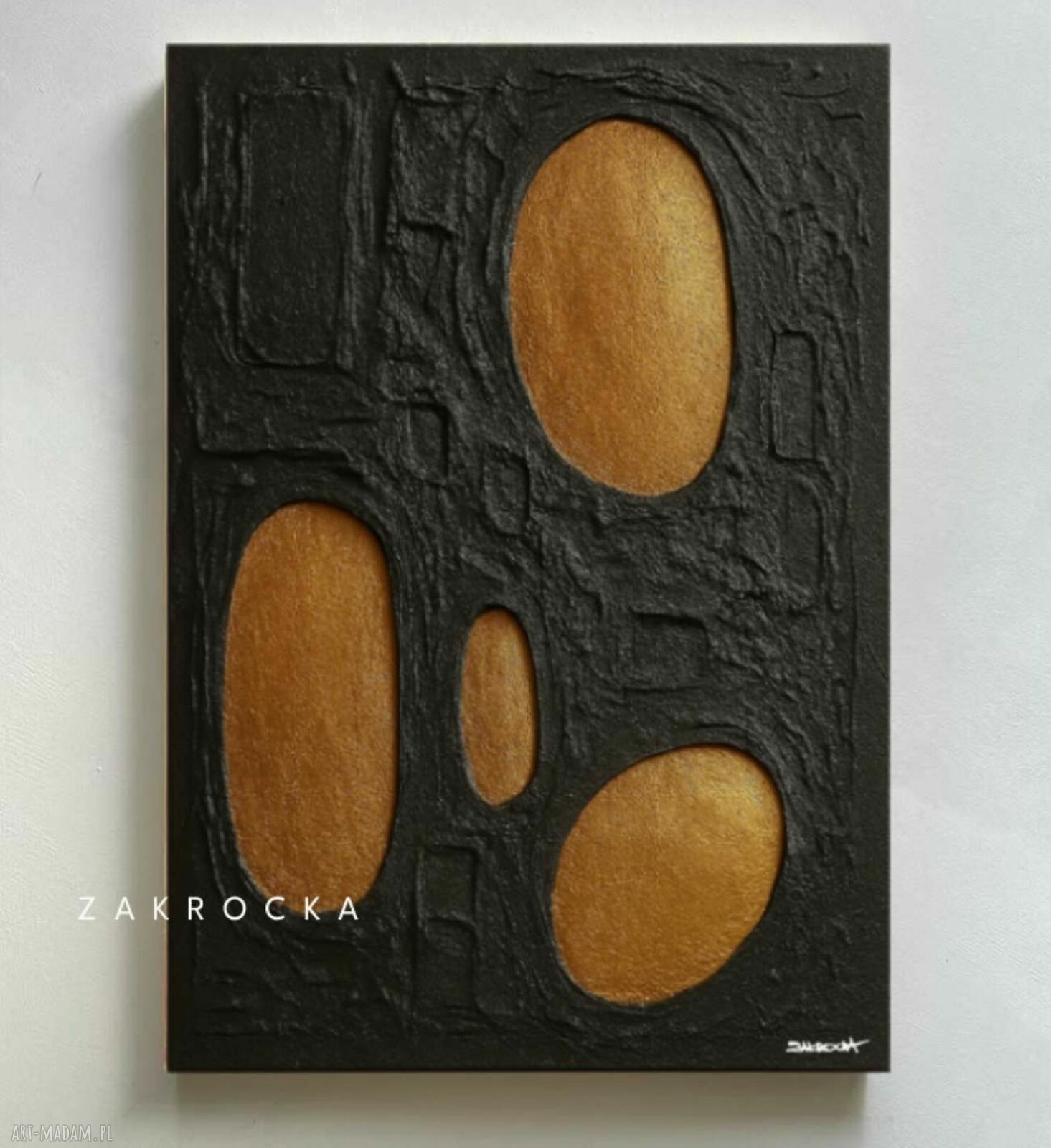 FUTURE DESIGN - czarno-złoty obraz abstrakcyjny z mocną strukturą 80x120 cm