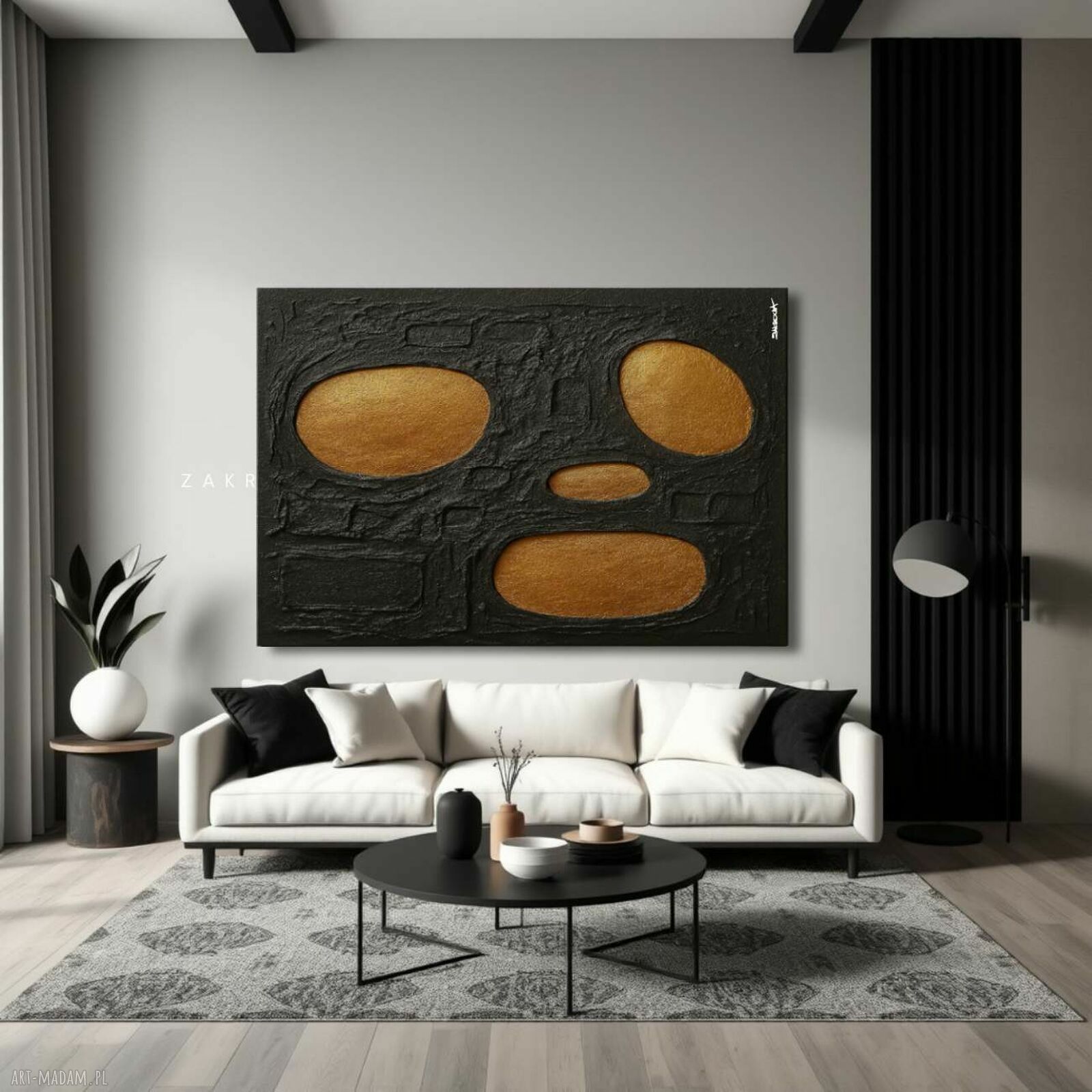 FUTURE DESIGN - czarno-złoty obraz abstrakcyjny z mocną strukturą 80x120 cm