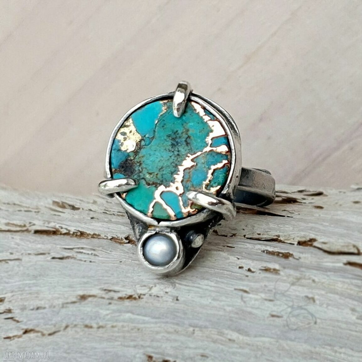 Gaja srebrny pierścionek turkusem metaloplastyka srebro baśniowy