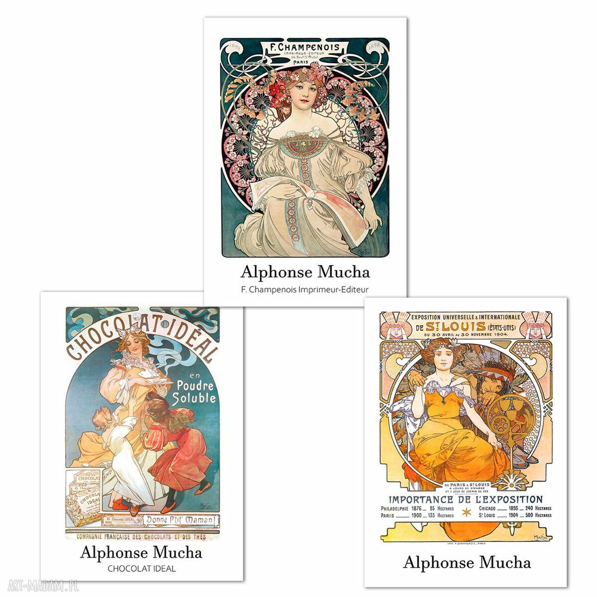 Zestaw 3 plakatów Alphonse Mucha 30x40 cm - vintage reprodukcja