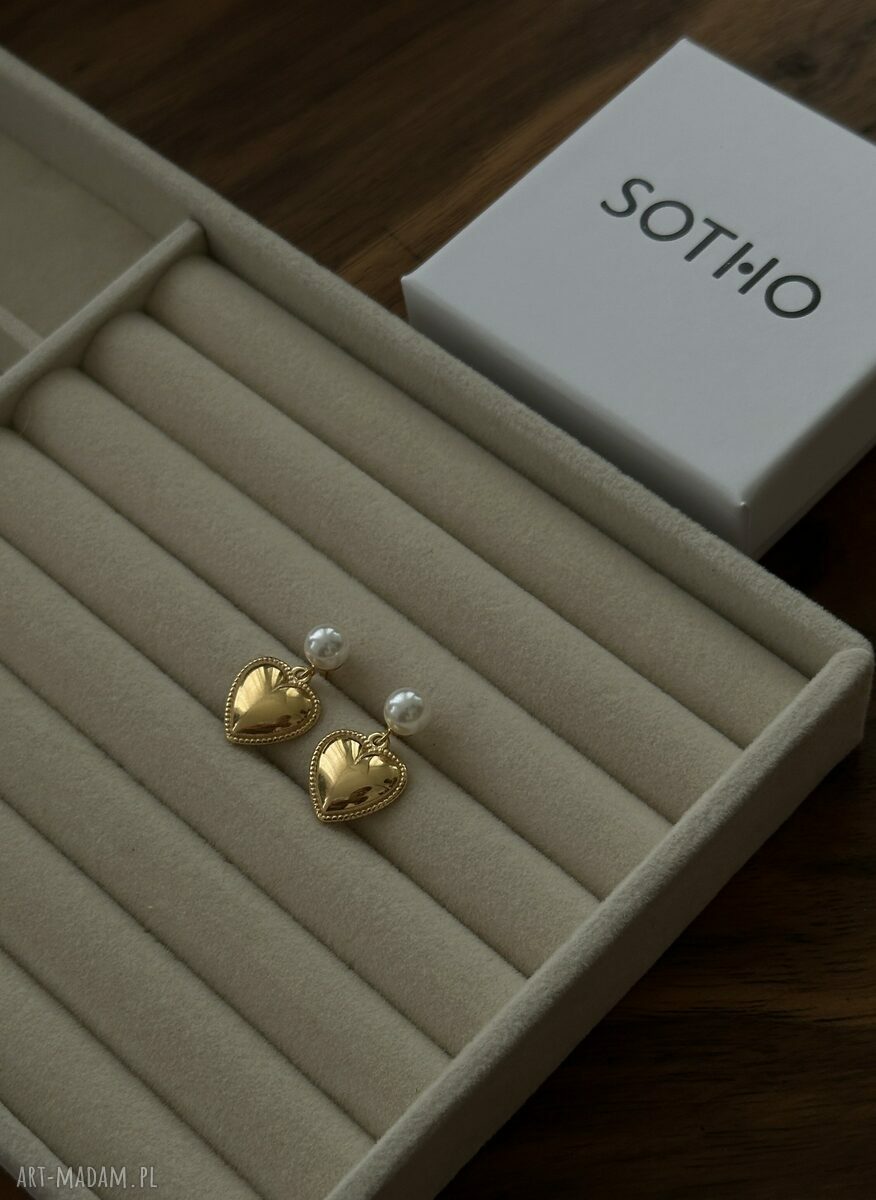 kolczyki: Złote kolczyki perły z sercami Hand Made