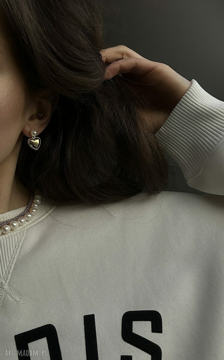 kolczyki: Złote kolczyki perły z sercami Hand Made