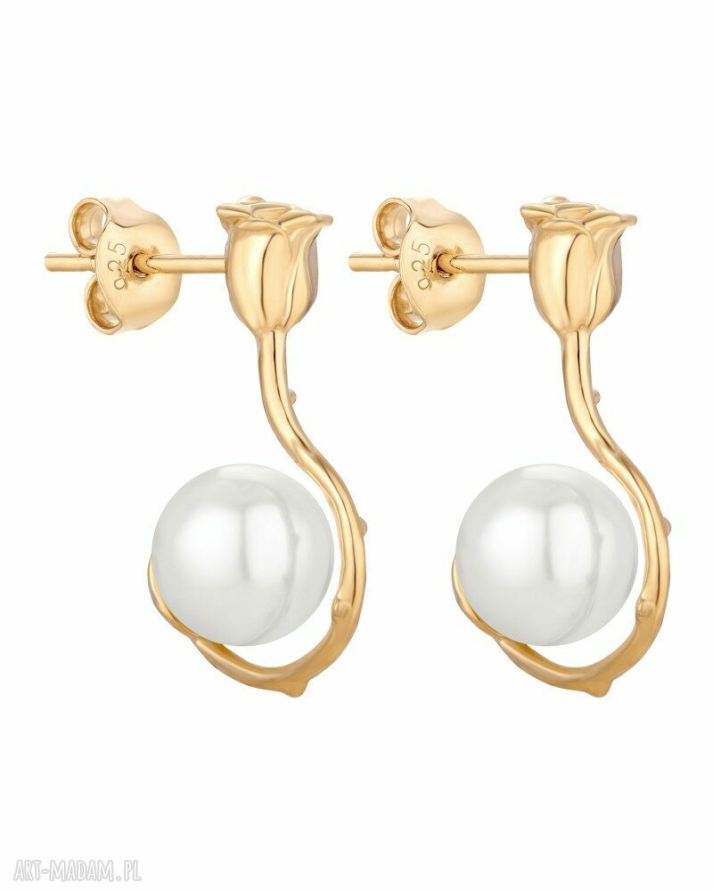 Złote kolczyki białymi perłami kwiat biała róża kwiatkiem