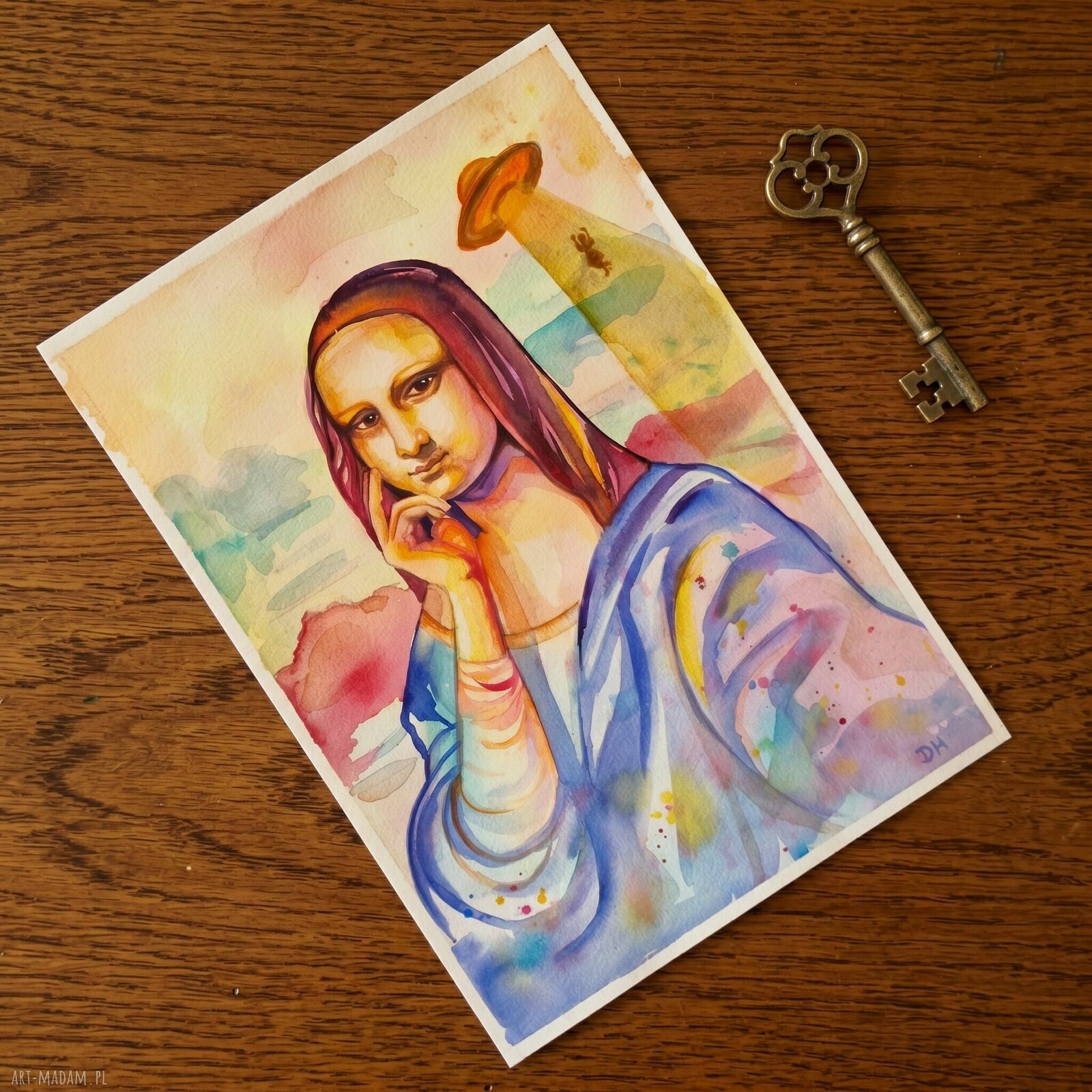 Gdzie się podział Leonardo Oryginalna akwarela A4 w stylu pop-art i surrealizmu