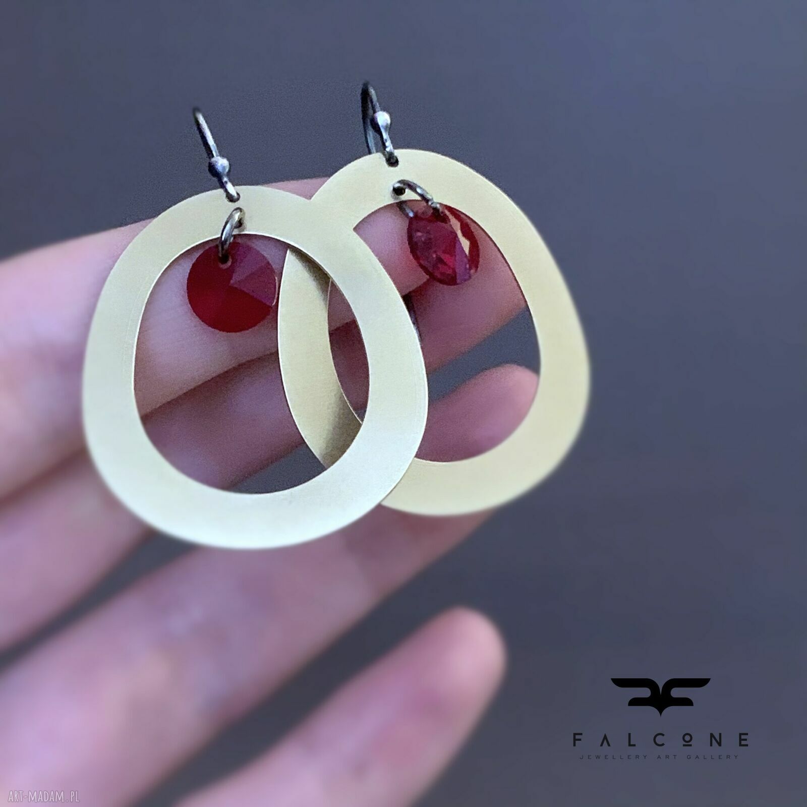 Kolczyki geometryczne Swarovski - srebro 925 i rubinowa czerwień