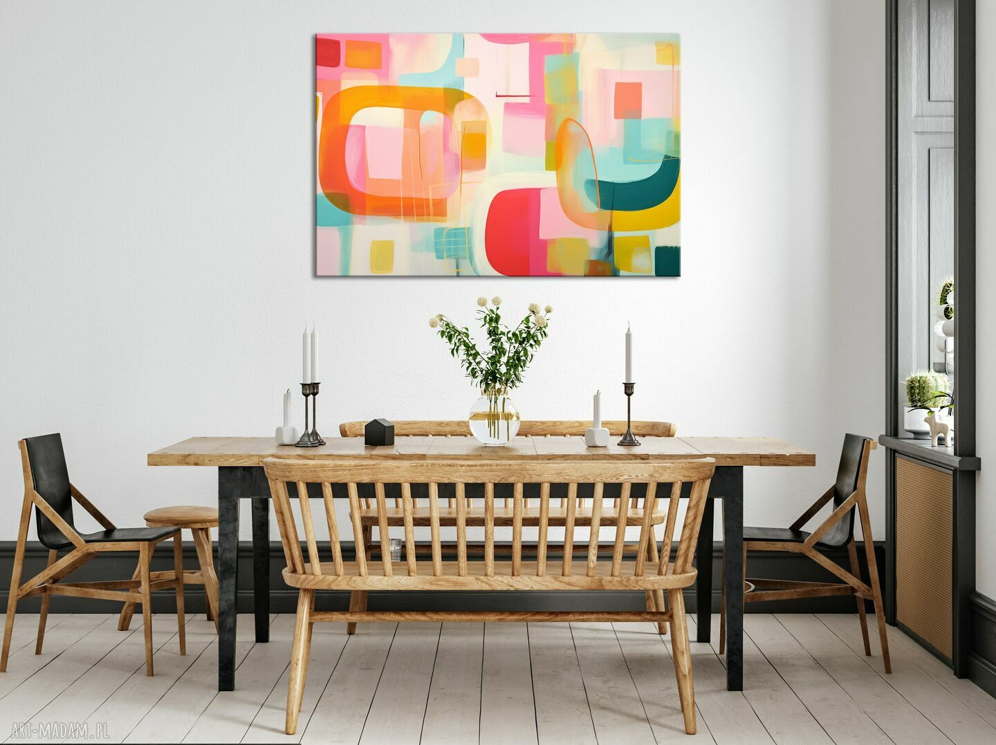 Kolorowa geometryczna abstrakcja - poziomy obraz do salonu 90x60 cm na płótnie
