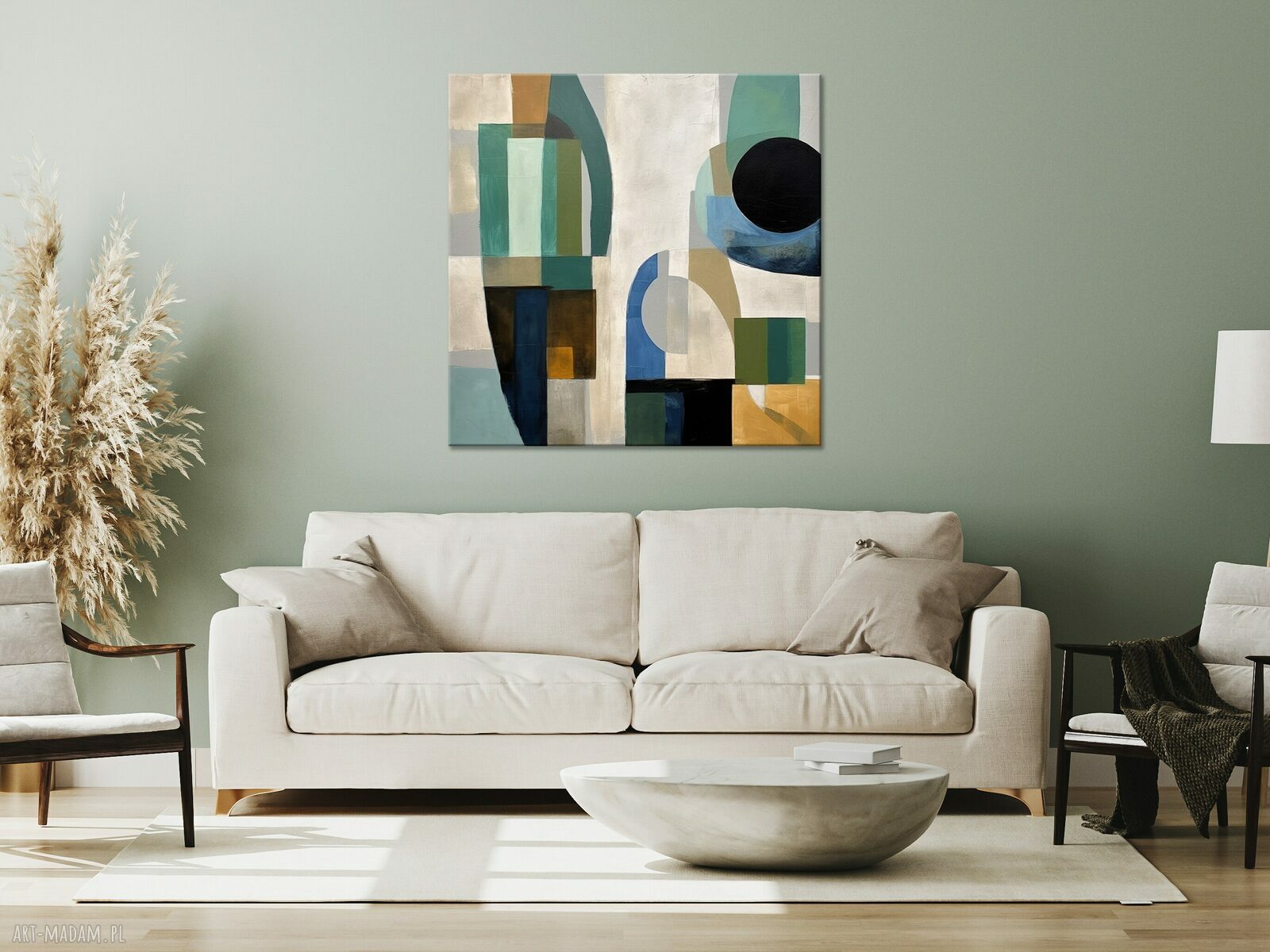 Geometryczna abstrakcja na płótnie 100x100 cm - zielony, czarny i beżowy