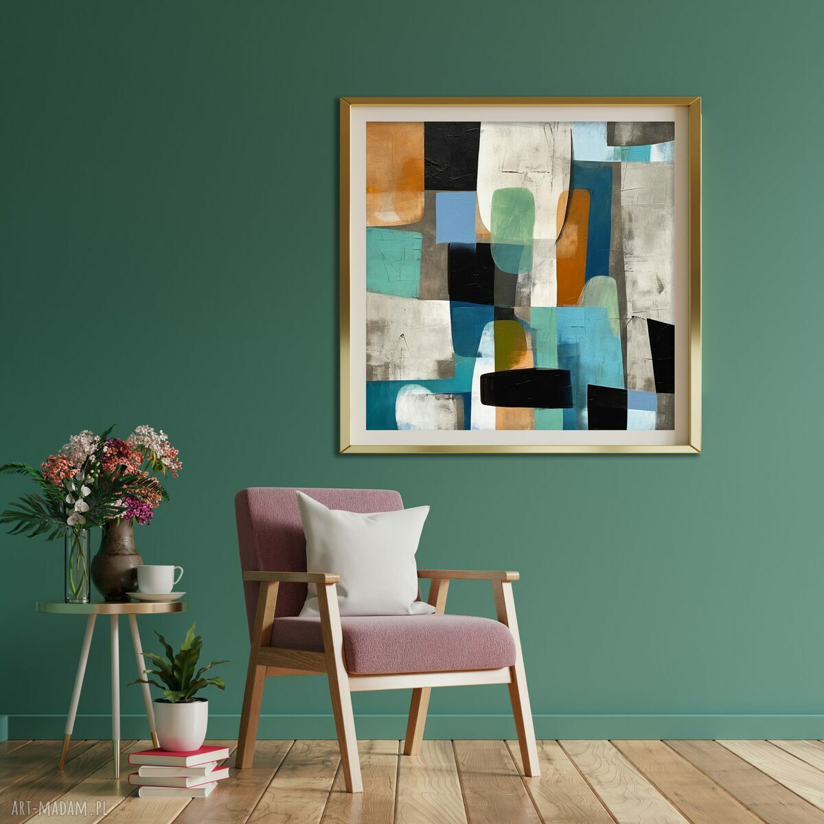 Minimalistyczny plakat geometryczny 50x50 cm - wydruk giclee w turkusie i beżu