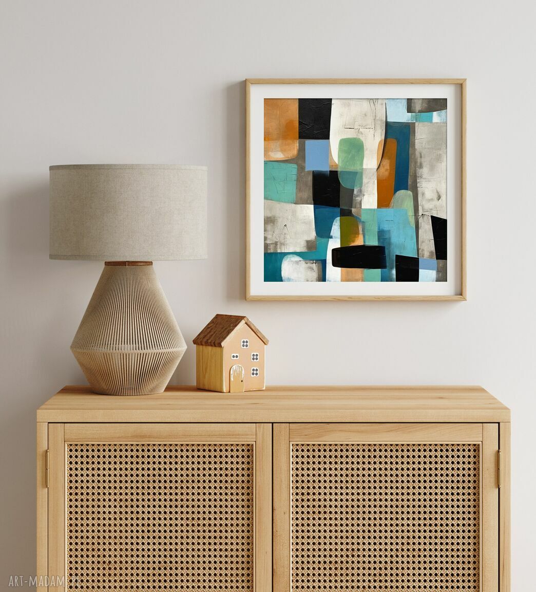 Minimalistyczny plakat geometryczny 50x50 cm - wydruk giclee w turkusie i beżu