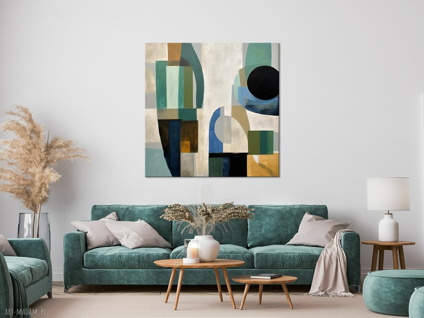 Geometryczna abstrakcja na płótnie 100x100 cm - zielony, czarny i beżowy