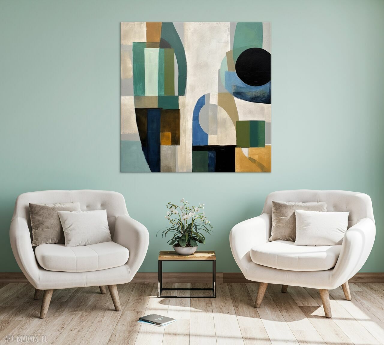 Geometryczna abstrakcja na płótnie 100x100 cm - zielony, czarny i beżowy