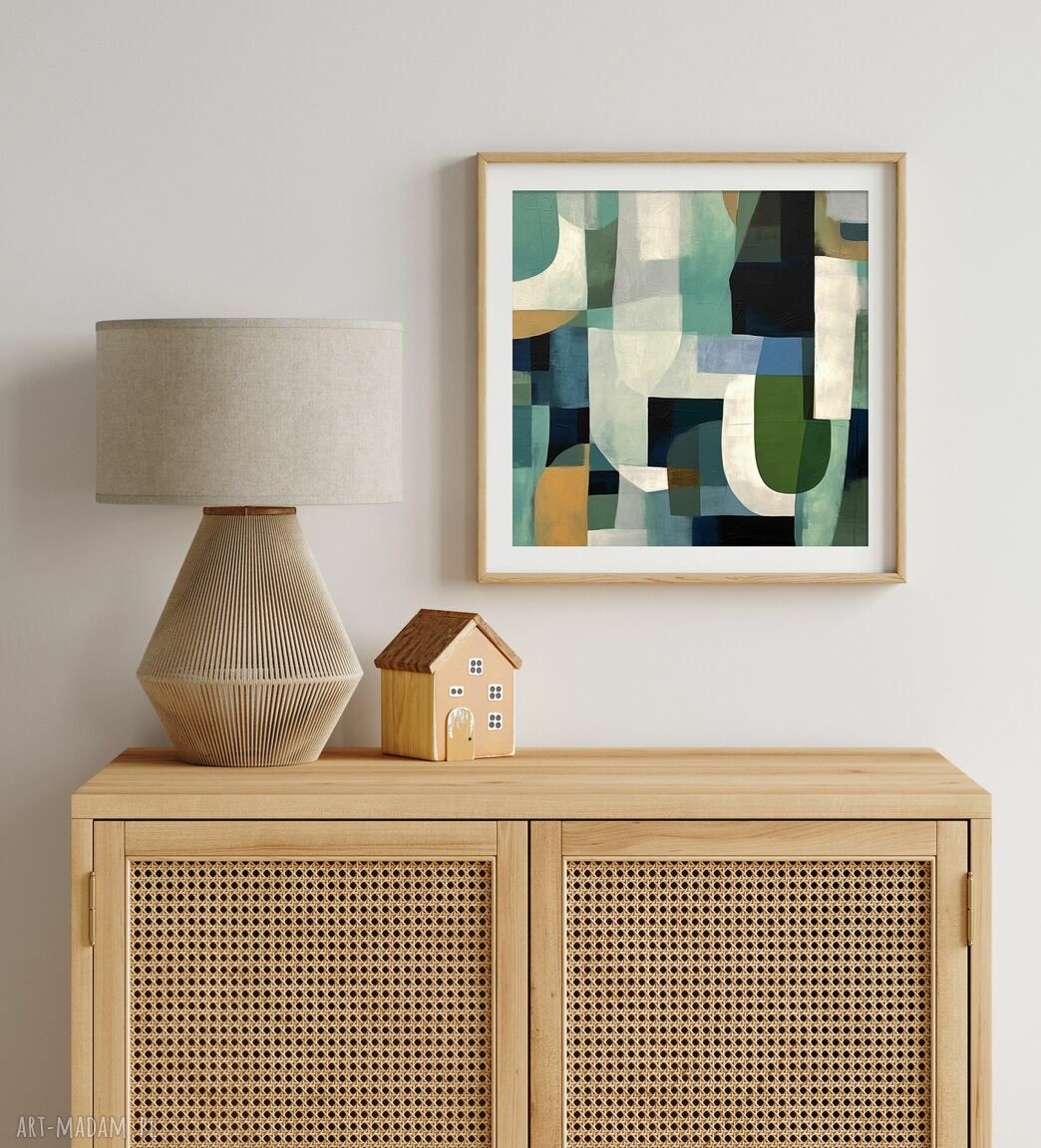 Geometryczna abstrakcja, zielony nowoczesny kwadratowy obraz - wydruk giclee 50x50 cm