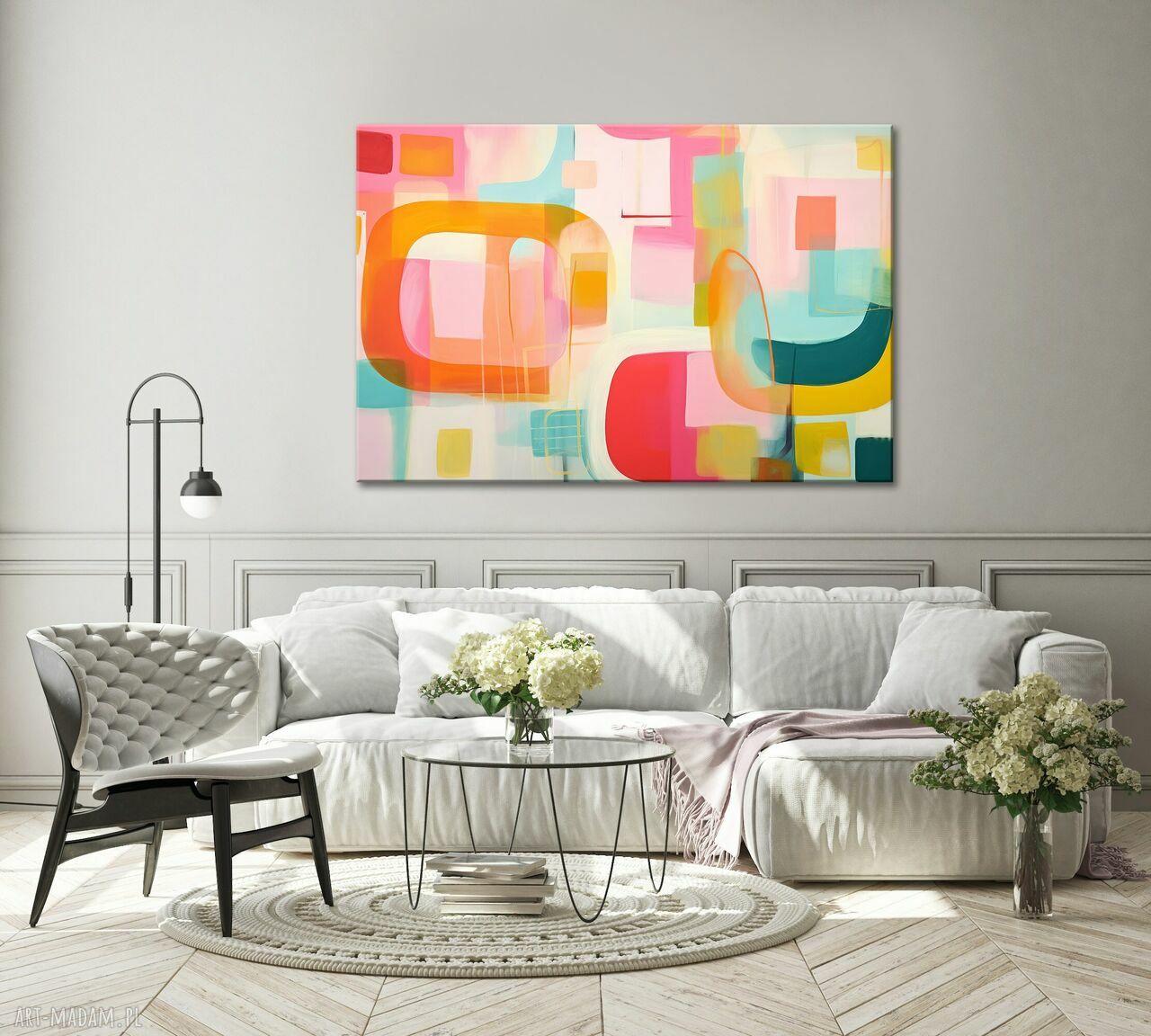 Kolorowa geometryczna abstrakcja - poziomy obraz do salonu 90x60 cm na płótnie