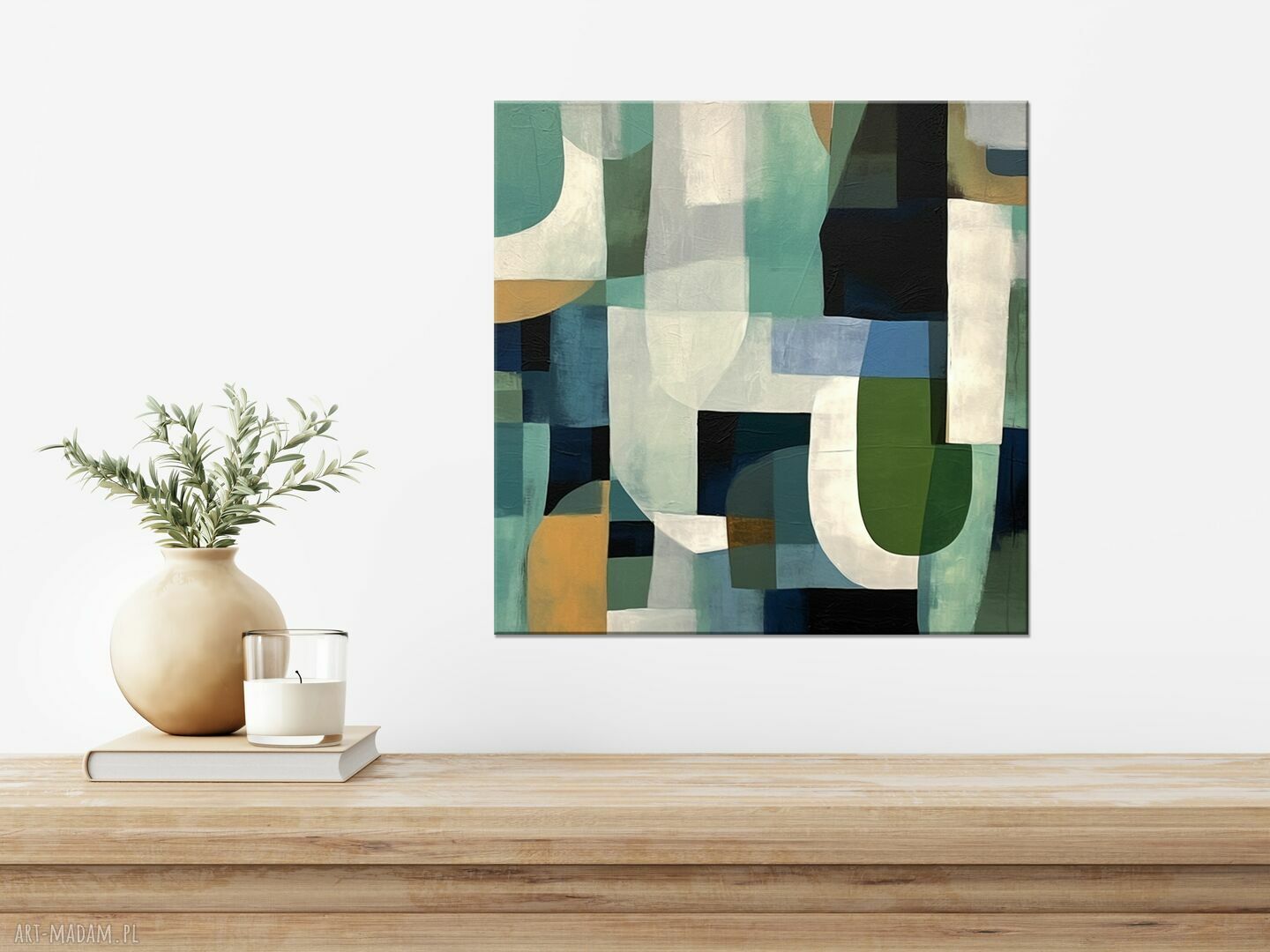 Geometryczna abstrakcja, zielony nowoczesny kwadratowy obraz - wydruk giclee 50x50 cm