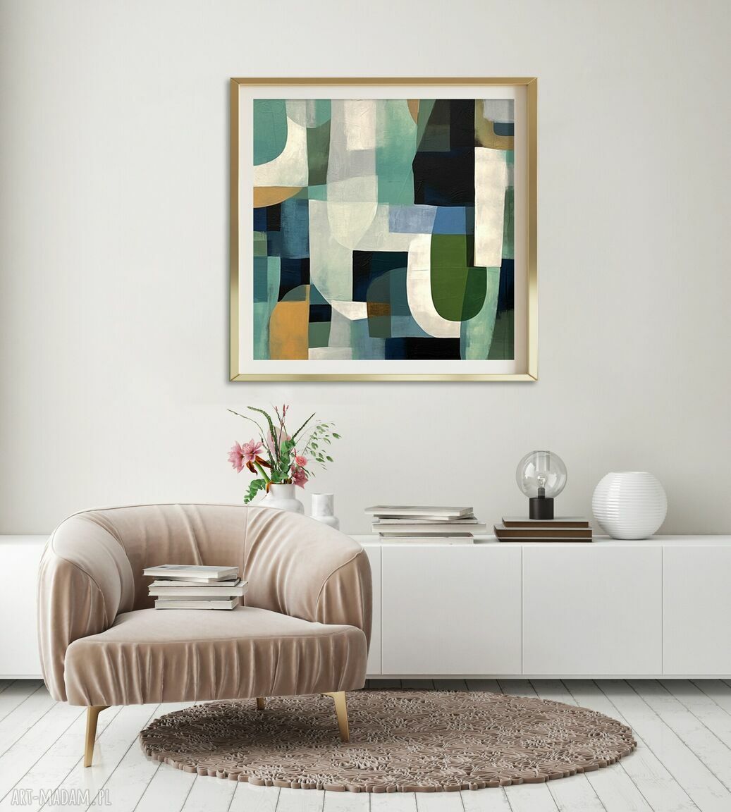 Geometryczna abstrakcja, zielony nowoczesny kwadratowy obraz - wydruk giclee 50x50 cm