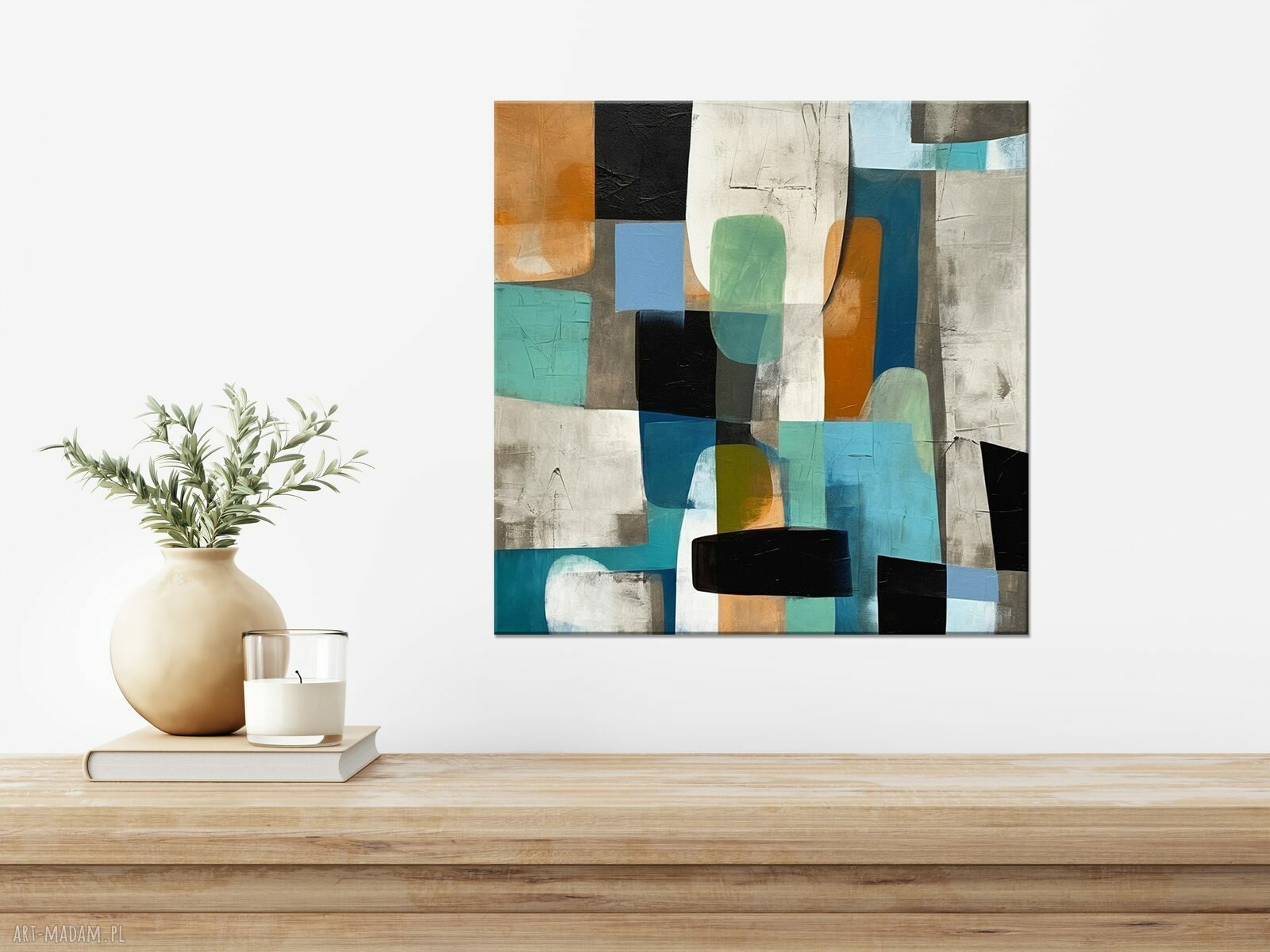 Minimalistyczny plakat geometryczny 50x50 cm - wydruk giclee w turkusie i beżu