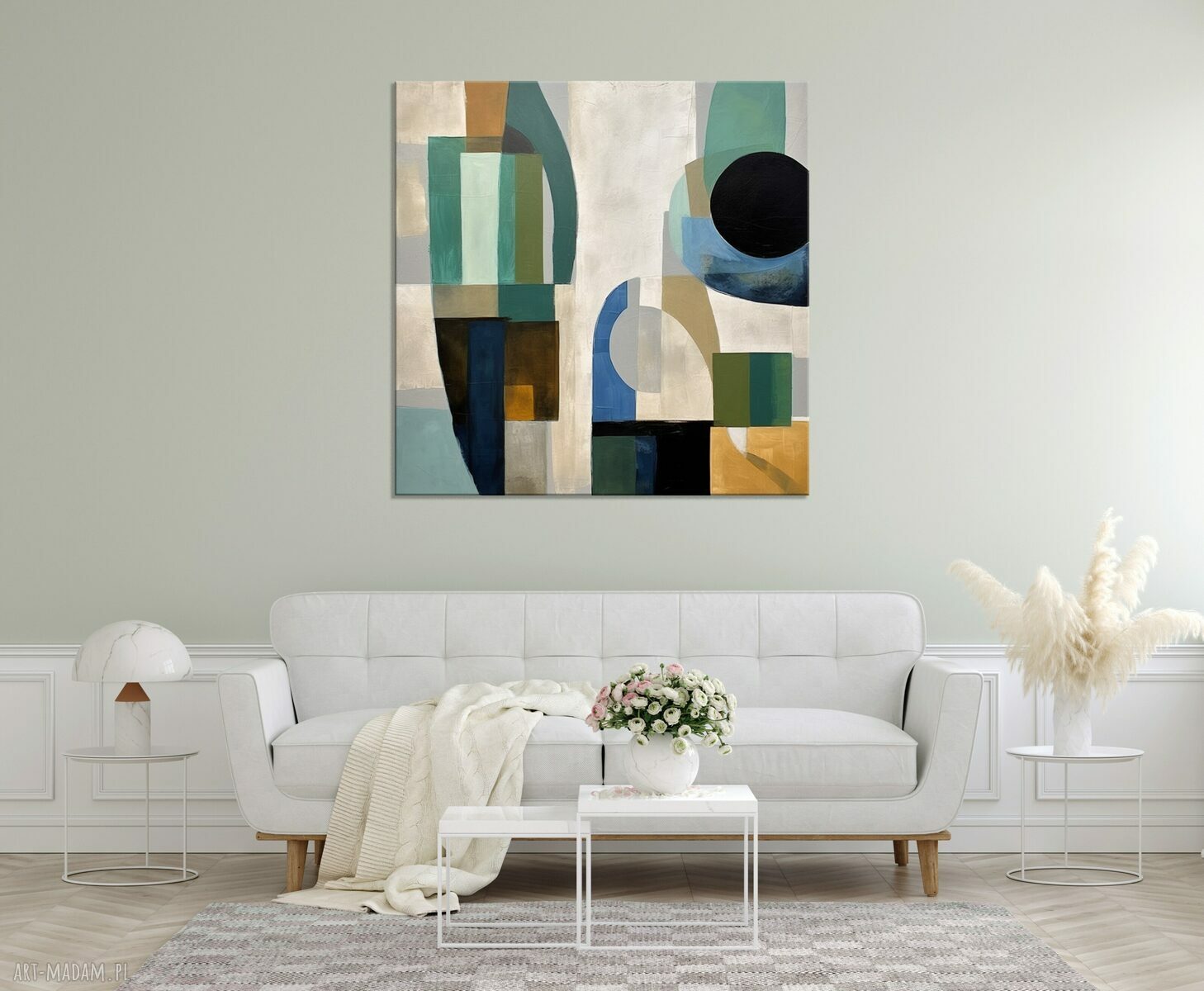 Geometryczna abstrakcja na płótnie 100x100 cm - zielony, czarny i beżowy