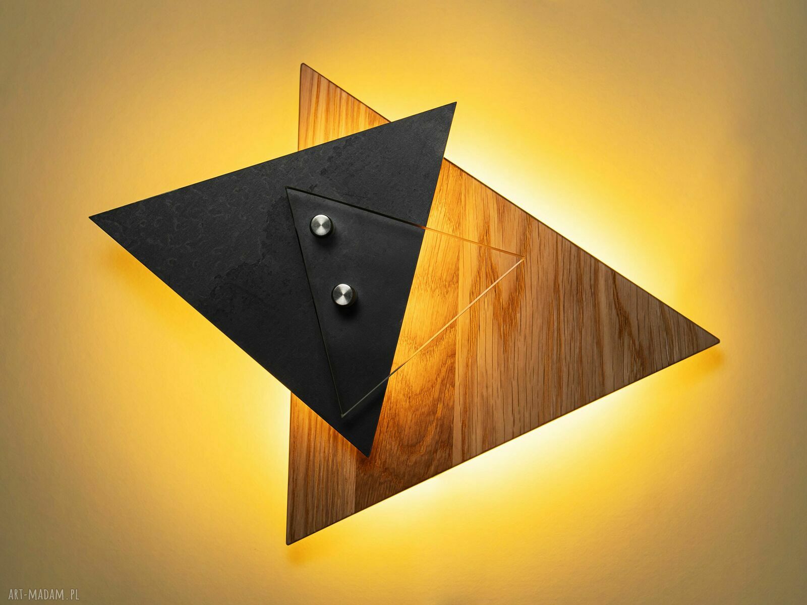 Geometryczna lampa ścienna TRIADA z dębu, stali i szkła (LED 12V)