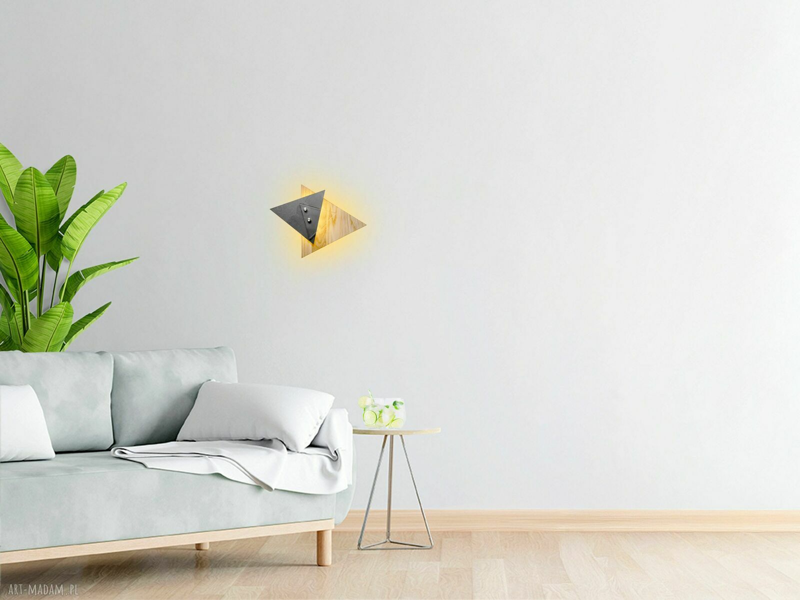 Geometryczna lampa ścienna TRIADA z dębu, stali i szkła (LED 12V)