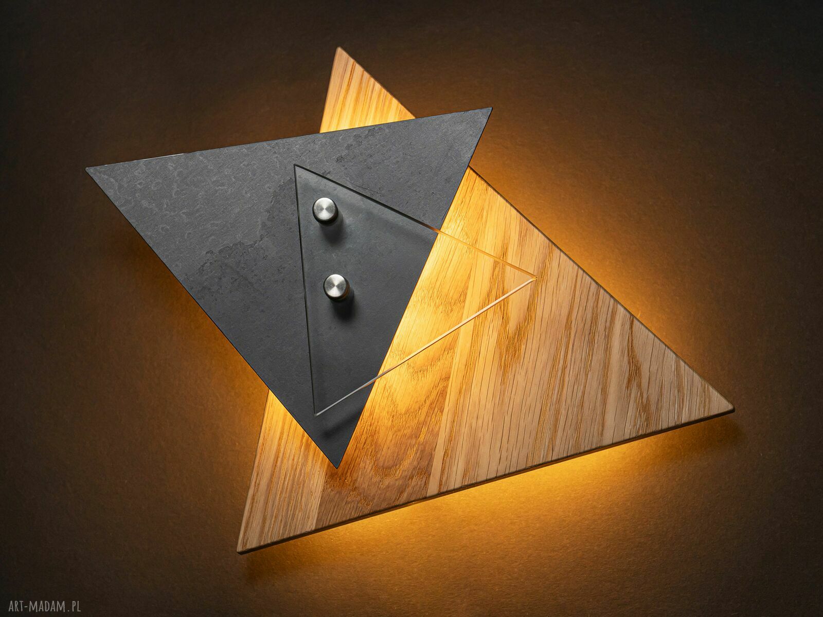 Geometryczna lampa ścienna TRIADA z dębu, stali i szkła LED 12V