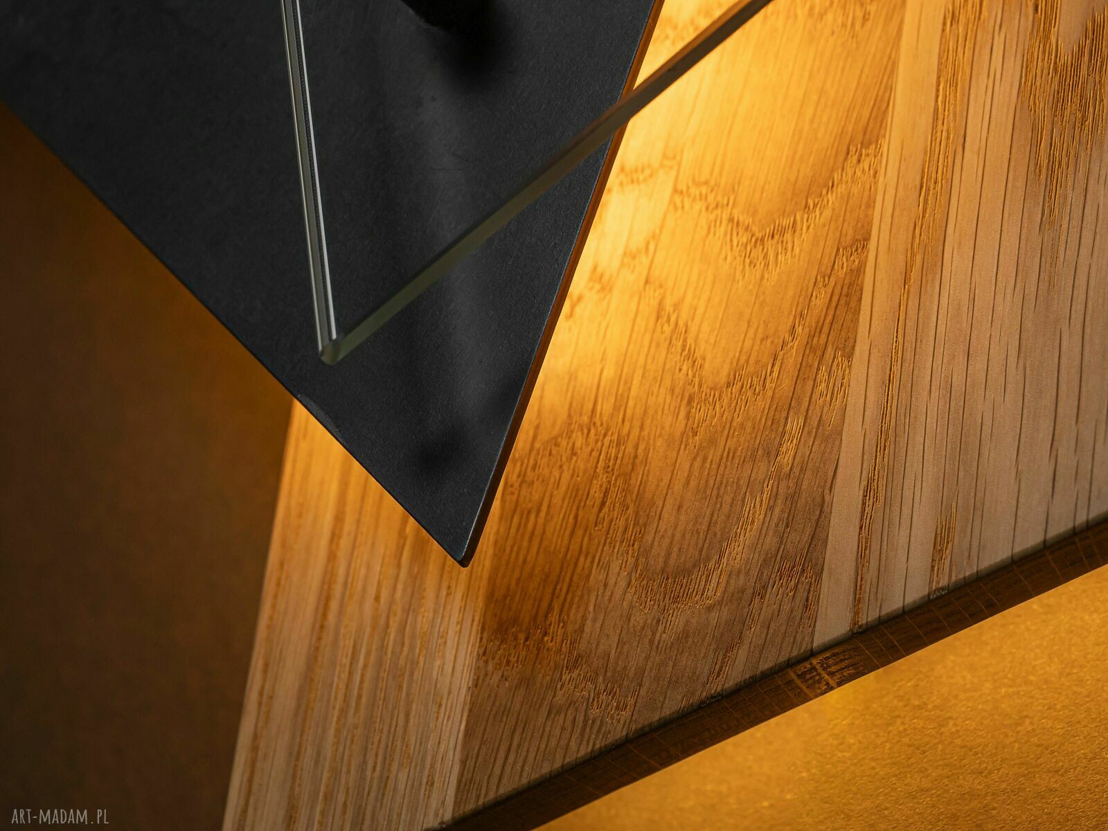 Geometryczna lampa ścienna TRIADA z dębu, stali i szkła (LED 12V)