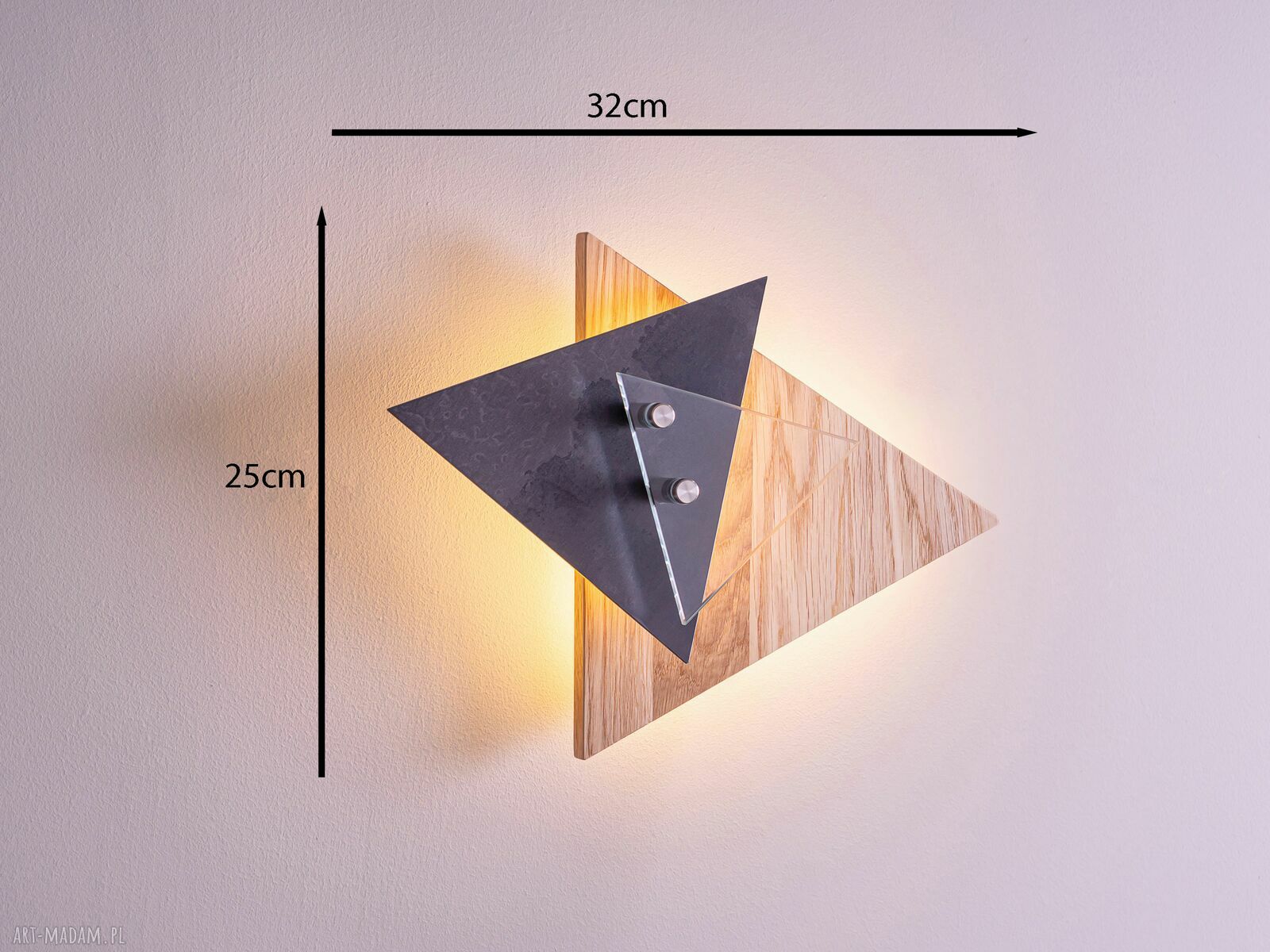 Geometryczna lampa ścienna TRIADA z dębu, stali i szkła (LED 12V)