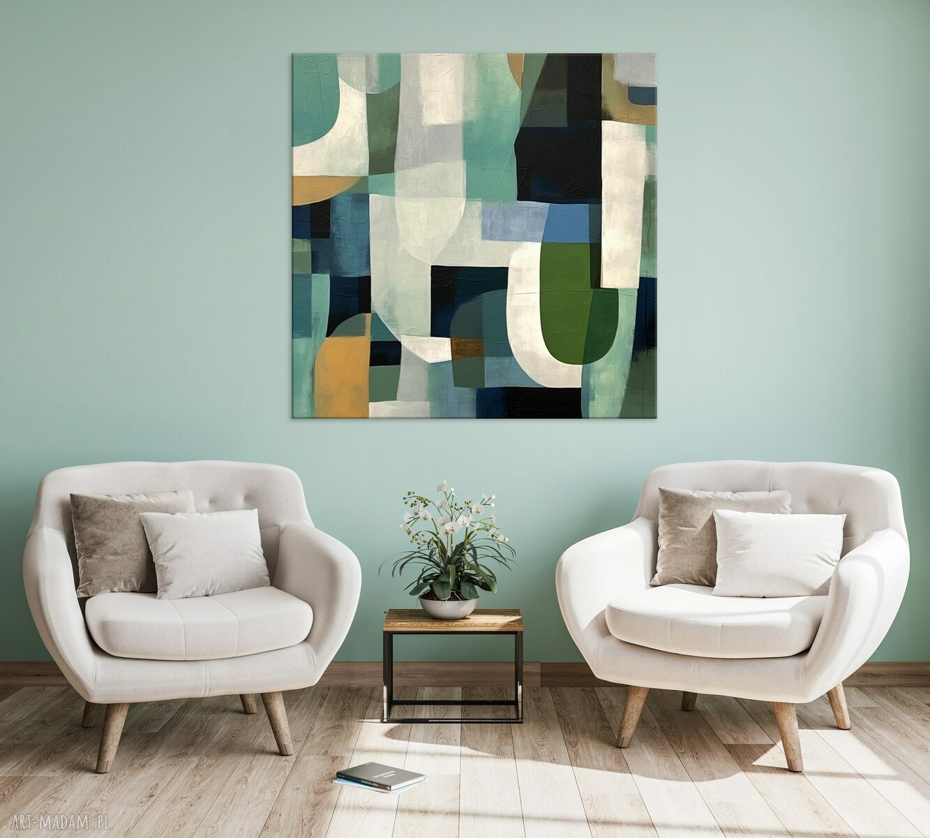 Nowoczesny zielony obraz geometryczny na płótnie 90x90 cm - zielona abstrakcja