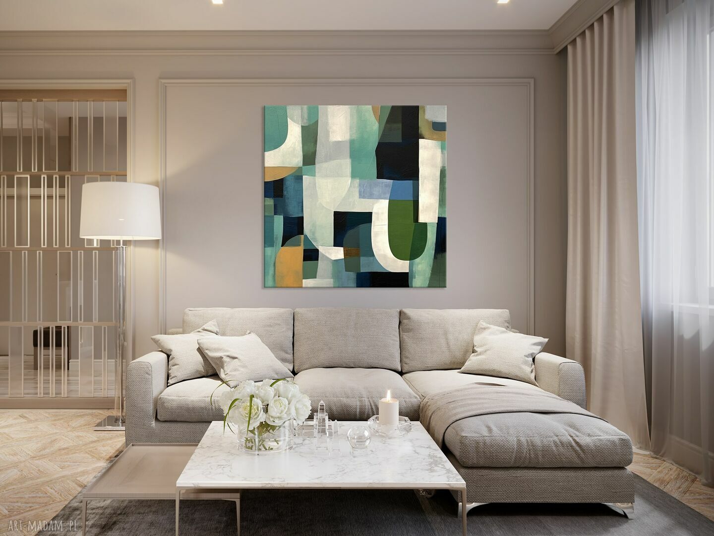 Geometryczny obraz abstrakcyjny w zieleni 100x100 cm na płótnie