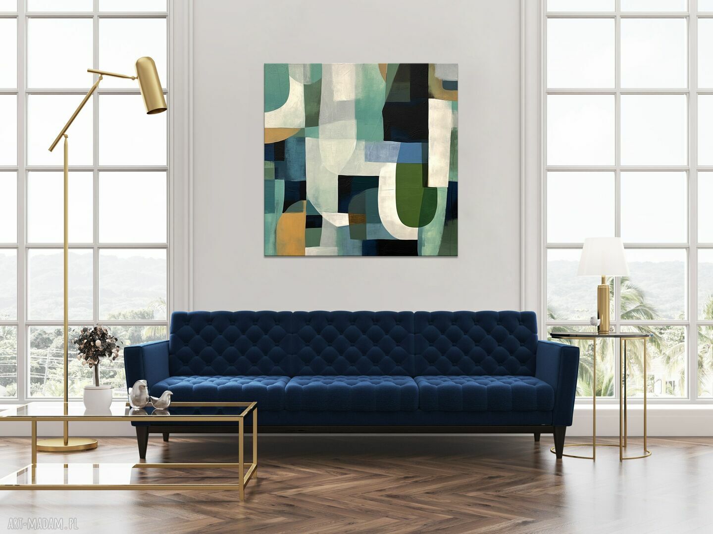 Geometryczny obraz abstrakcyjny w kolorze zieleni na płótnie 80x80 cm