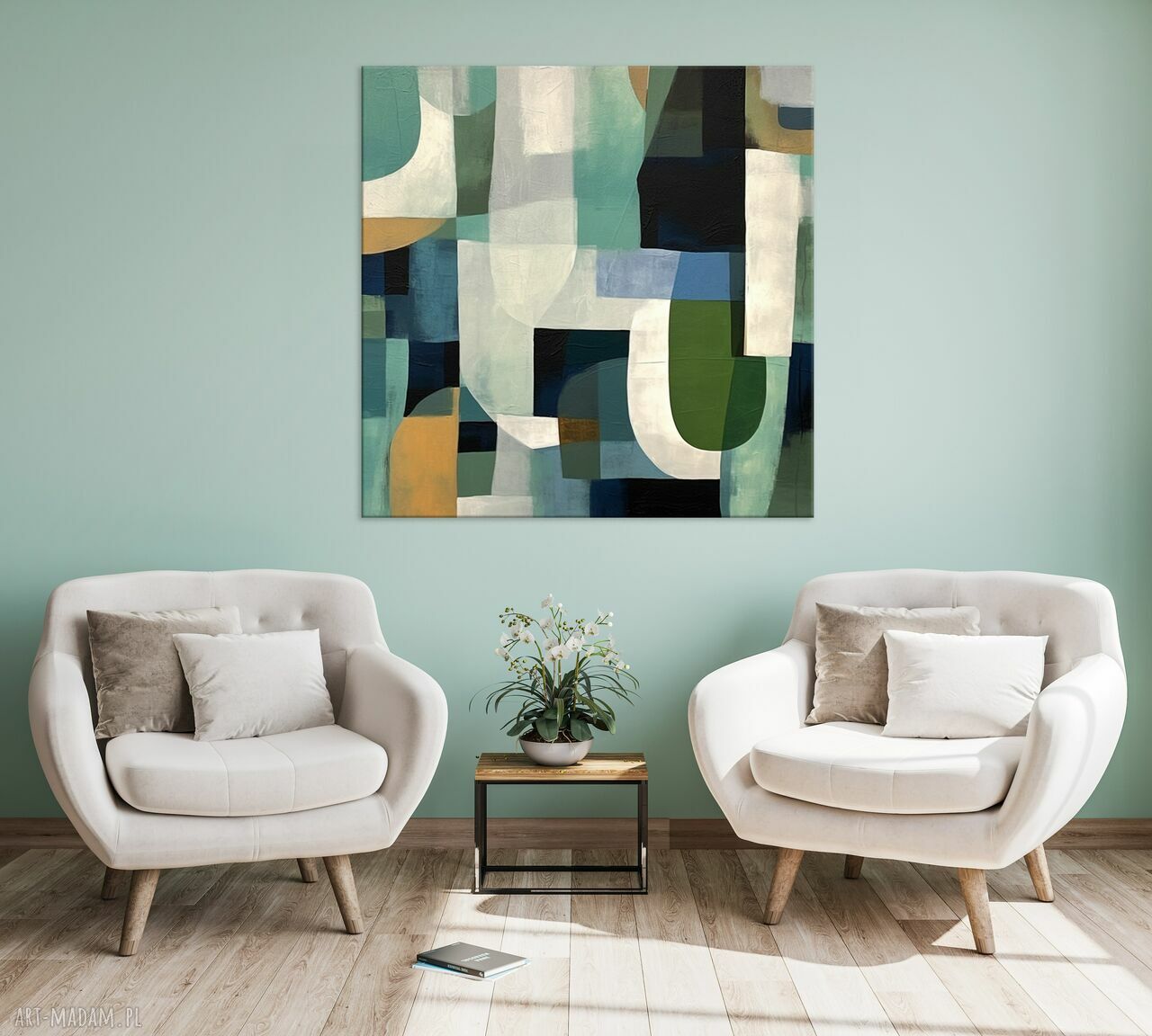 Geometryczny obraz abstrakcyjny w kolorze zieleni na płótnie 80x80 cm