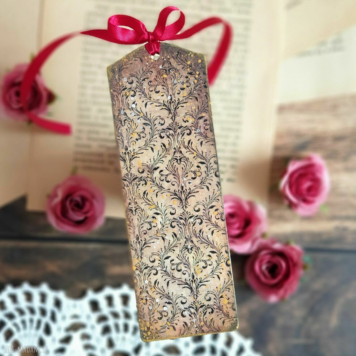 Zakładka książkowa Decoupage z Damą ręcznie robiona na prezent