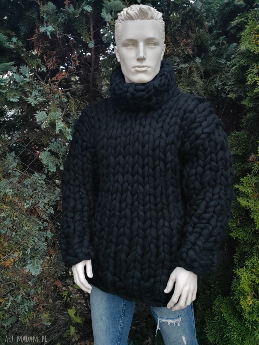 Gigantyczny sweter z golfem z wełny merynosa (ręcznie robiony)
