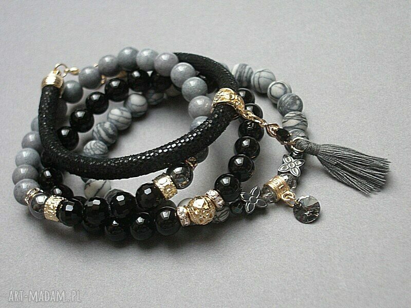 Hand made glamour czarno szara bransoletka z jaspisu