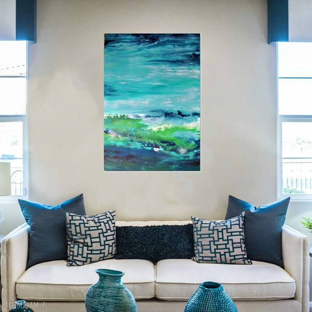 Głębia 38 - abstrakcja w turkusie i zieleni, ręcznie malowany obraz akrylowy na płótnie 100 x 70 cm