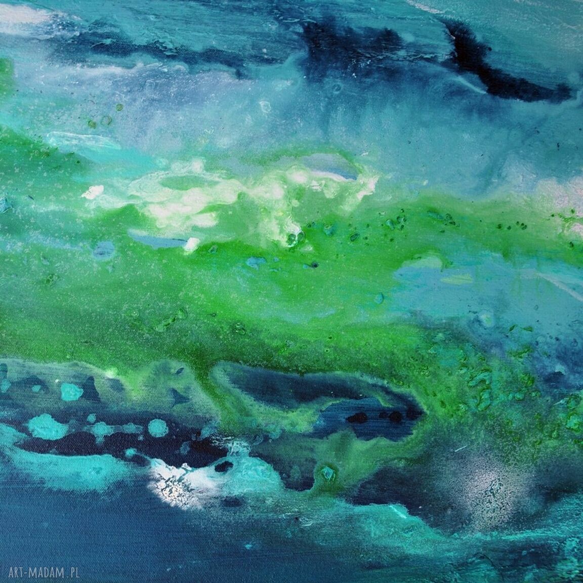 Głębia 38 - abstrakcja w turkusie i zieleni, ręcznie malowany obraz akrylowy na płótnie 100 x 70 cm