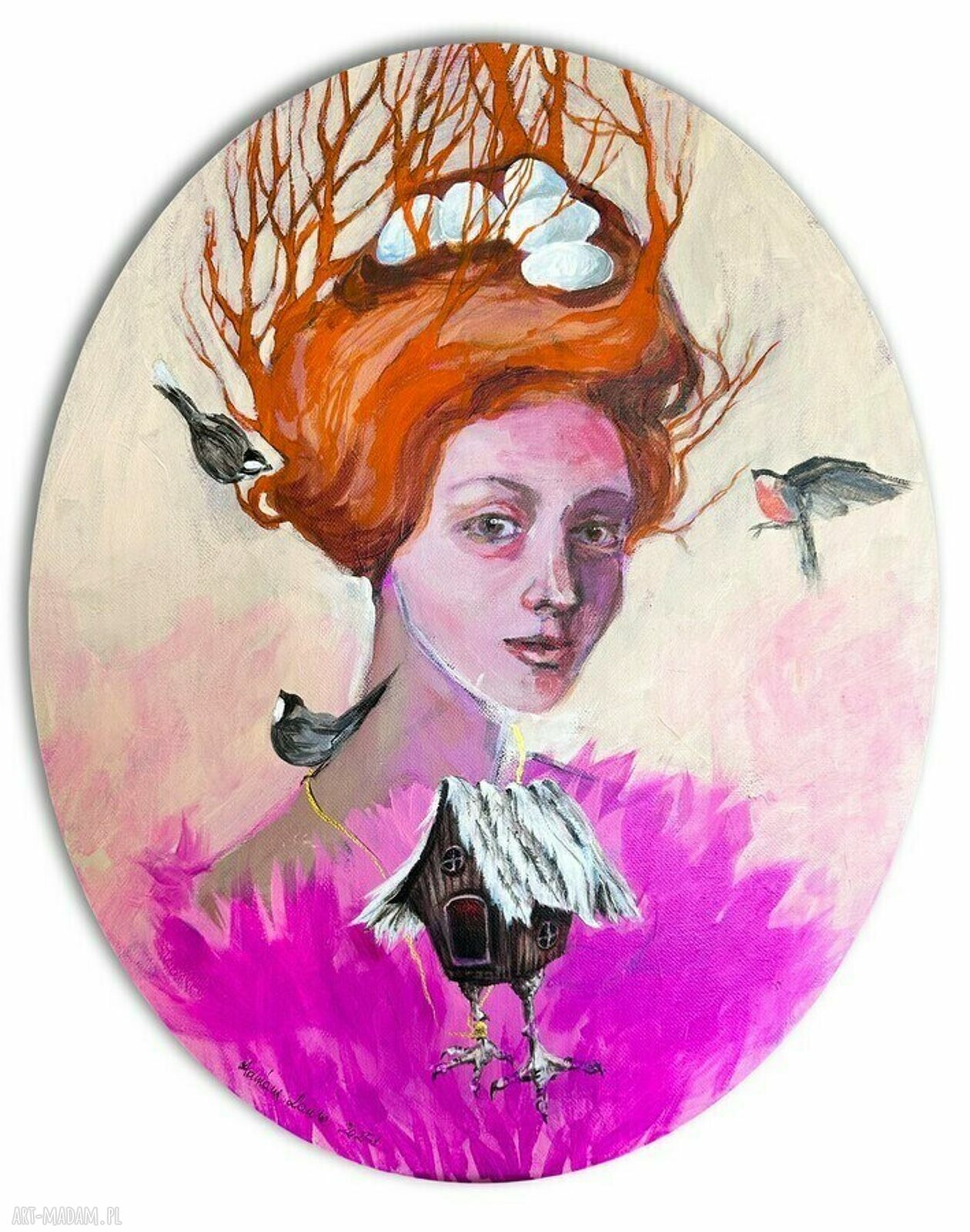 „Gniazdo” - magiczny portret wiedźmy, owalny obraz akrylowy 50x40 cm