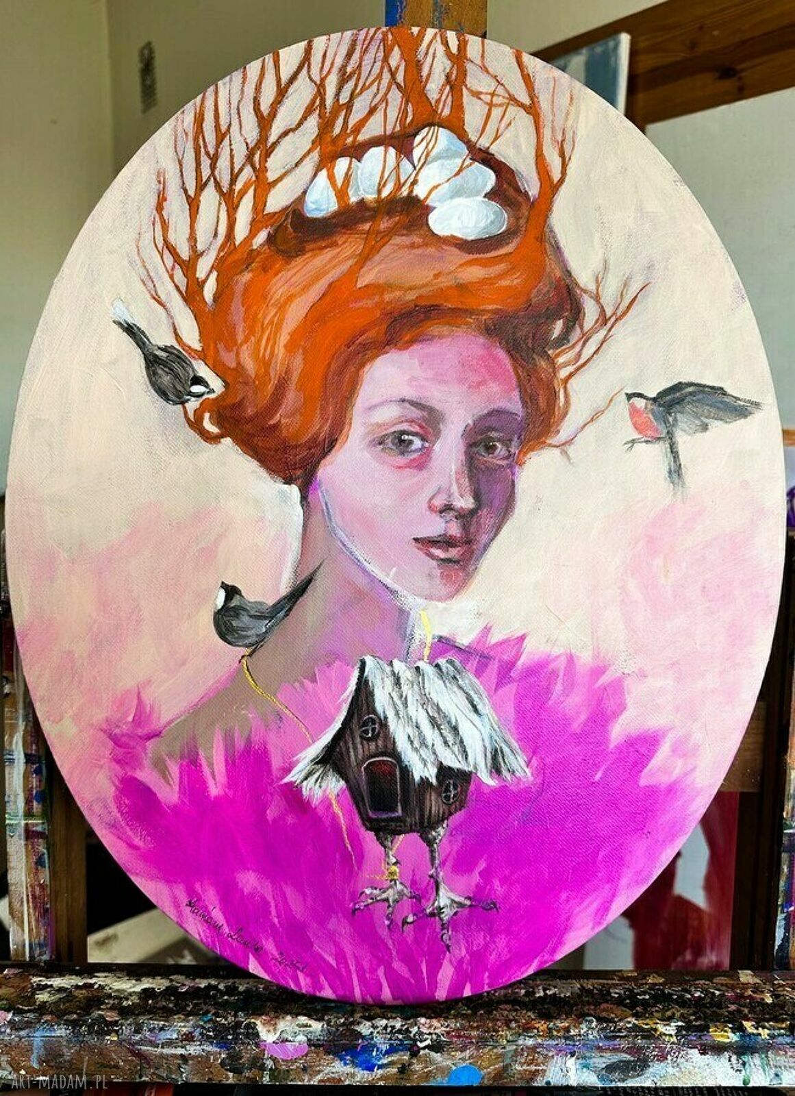 „Gniazdo” - magiczny portret wiedźmy, owalny obraz akrylowy 50x40 cm