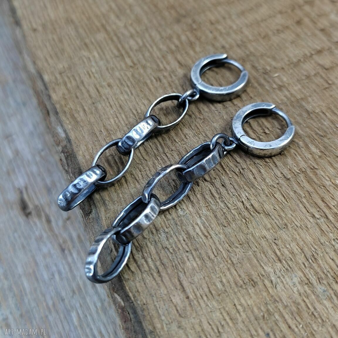 Kolczyki gniecione łańcuszki ze srebra 925 - oksydowane i wypolerowane (5 cm)