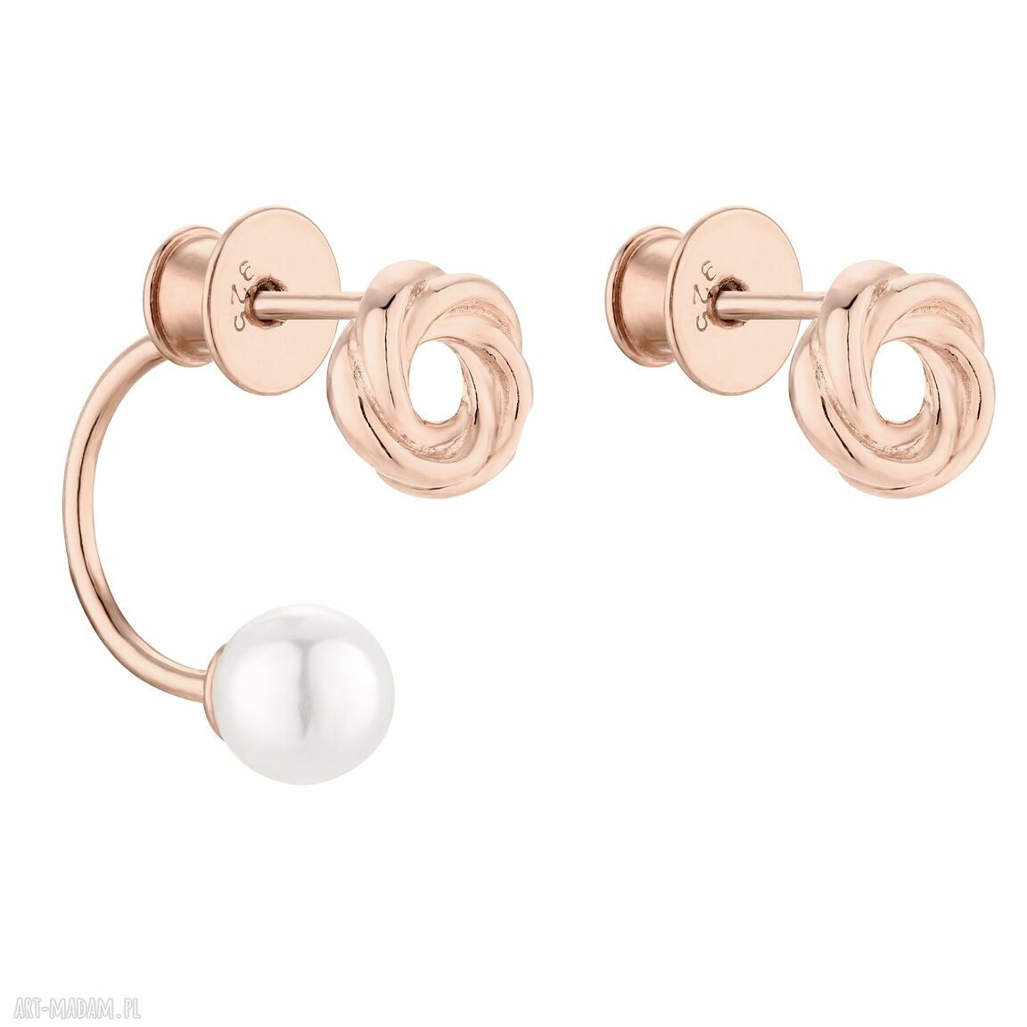 Asymetryczne kolczyki węzełki różowego złota perłami swarovski®