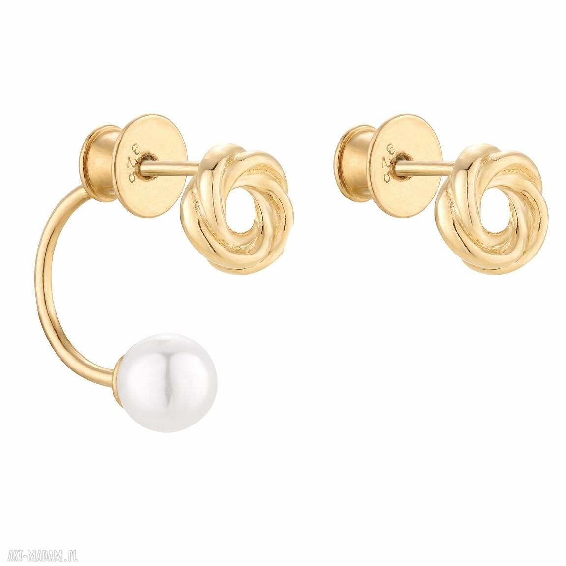 Złote asymetryczne kolczyki węzełki perłami swarovski® crystal