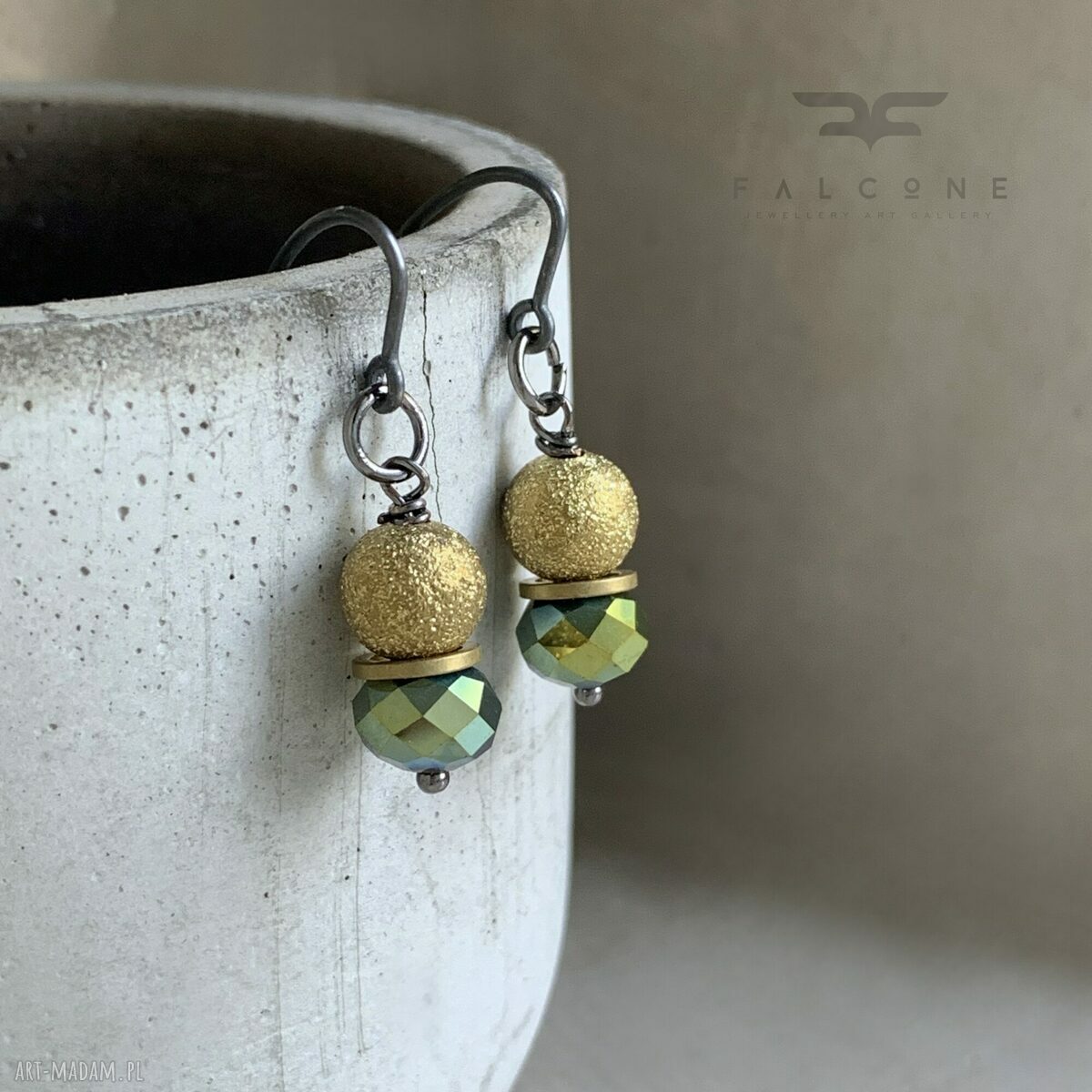 Kolczyki Golden Shadow & Khaki Green - handmade ze srebra 925, mosiądzu i szkła
